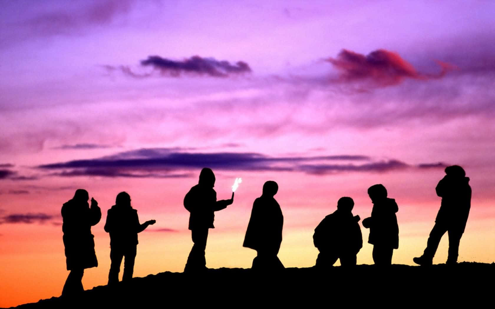 Group Of Friends, vibrant purple and orange sunset sky, hilltop, HD Desktop Wallpaper