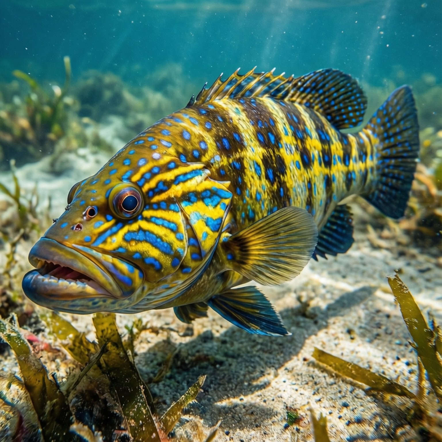 colorful grouper, shallow seagrass meadow, brightly patterned, HD Desktop Wallpaper