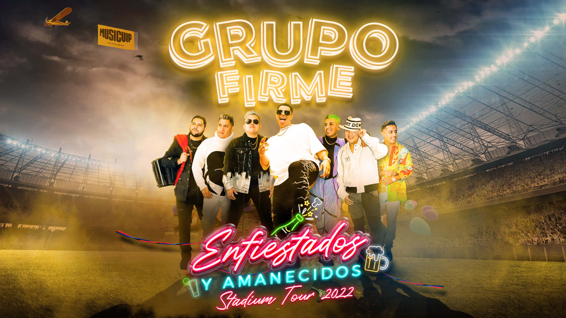 grupo firme, neon text, night sky, Full HD Desktop Wallpaper