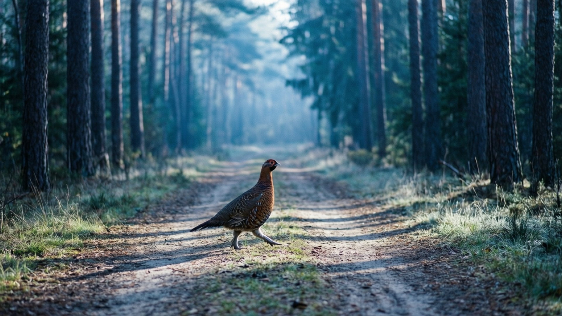 Grouse, forest path, pines, Full HD Desktop Wallpaper