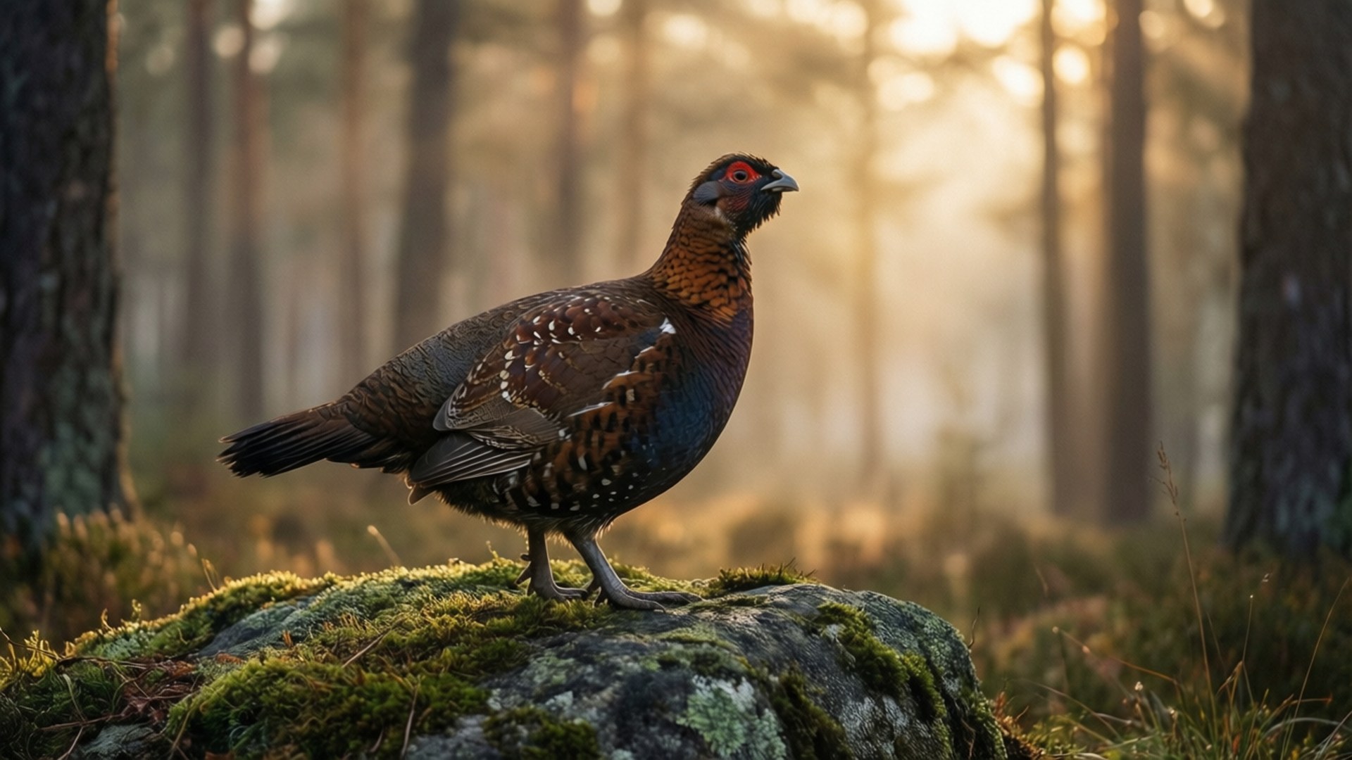 Dawn Grouse, mossy rock, sunlit forest, Full HD Desktop Wallpaper