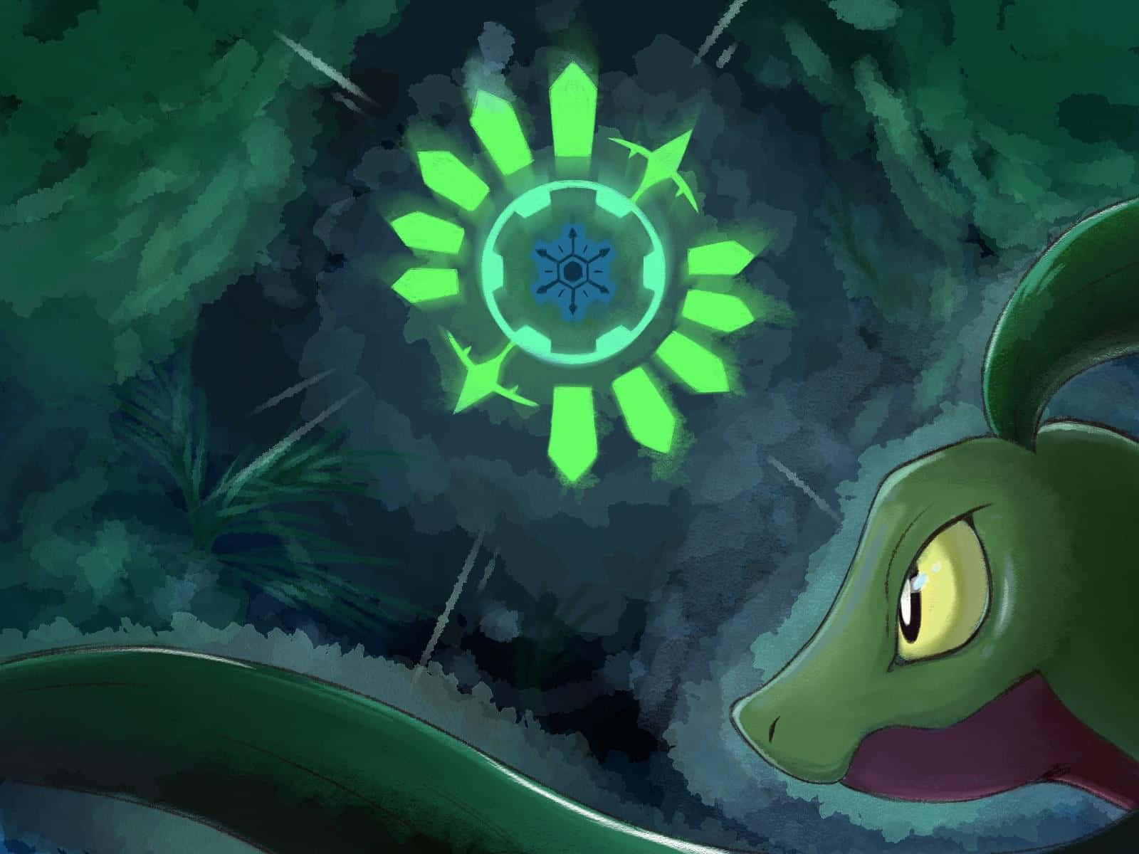 Grovyle, bamboo, glowing green sun-shaped artifact, HD Desktop Wallpaper