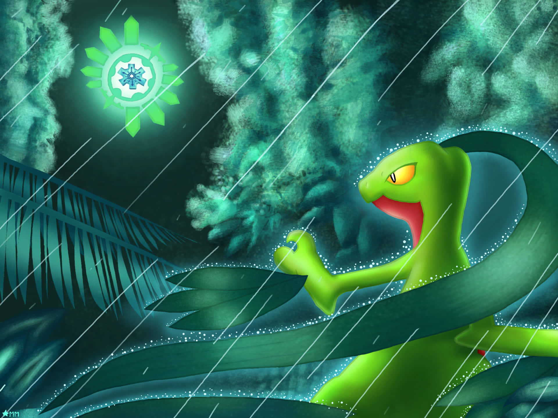 Grovyle, stormy jungle, glowing green sun, Full HD Desktop Wallpaper