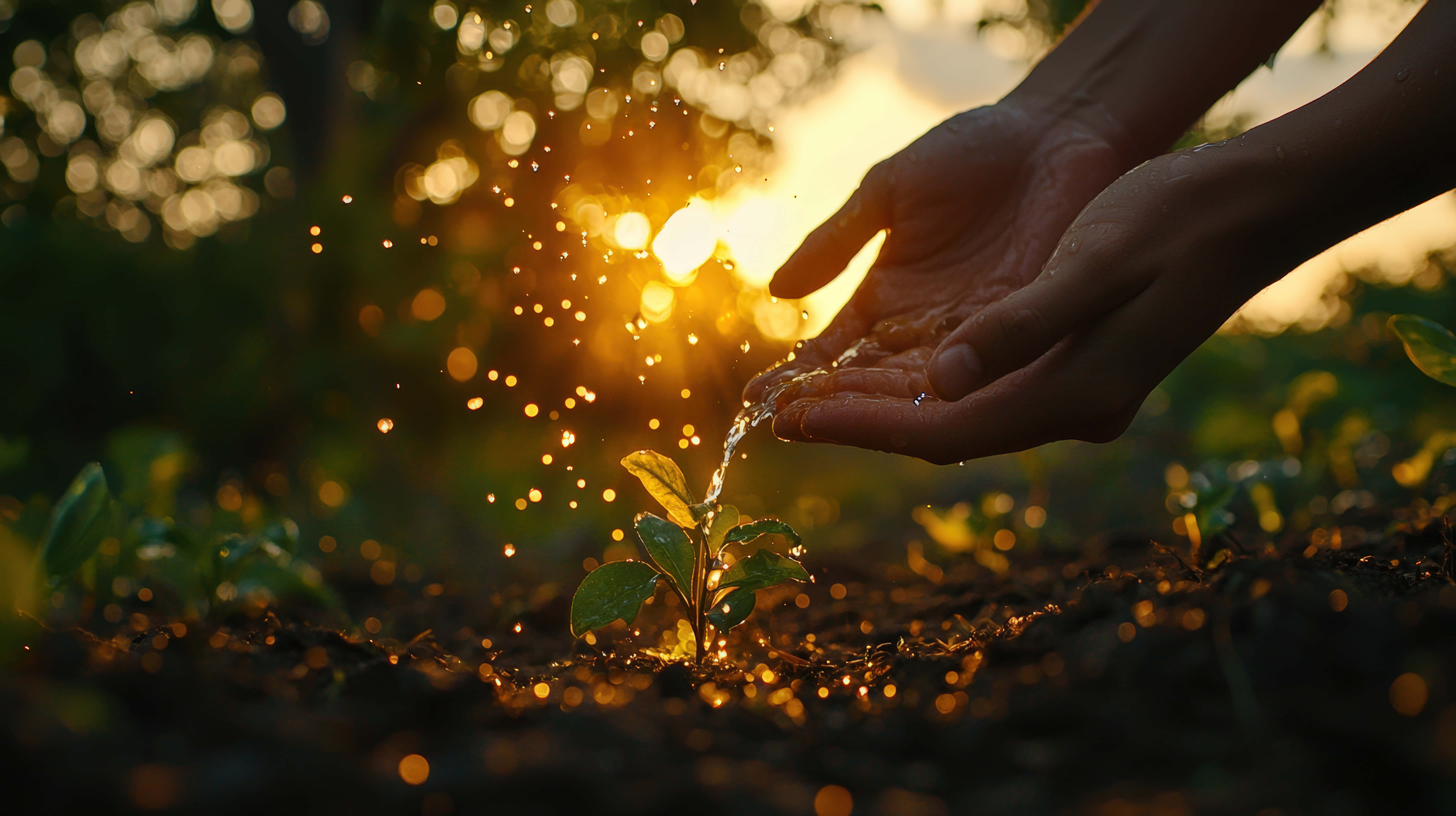hands, young plant, golden hour, 8K Desktop Wallpaper