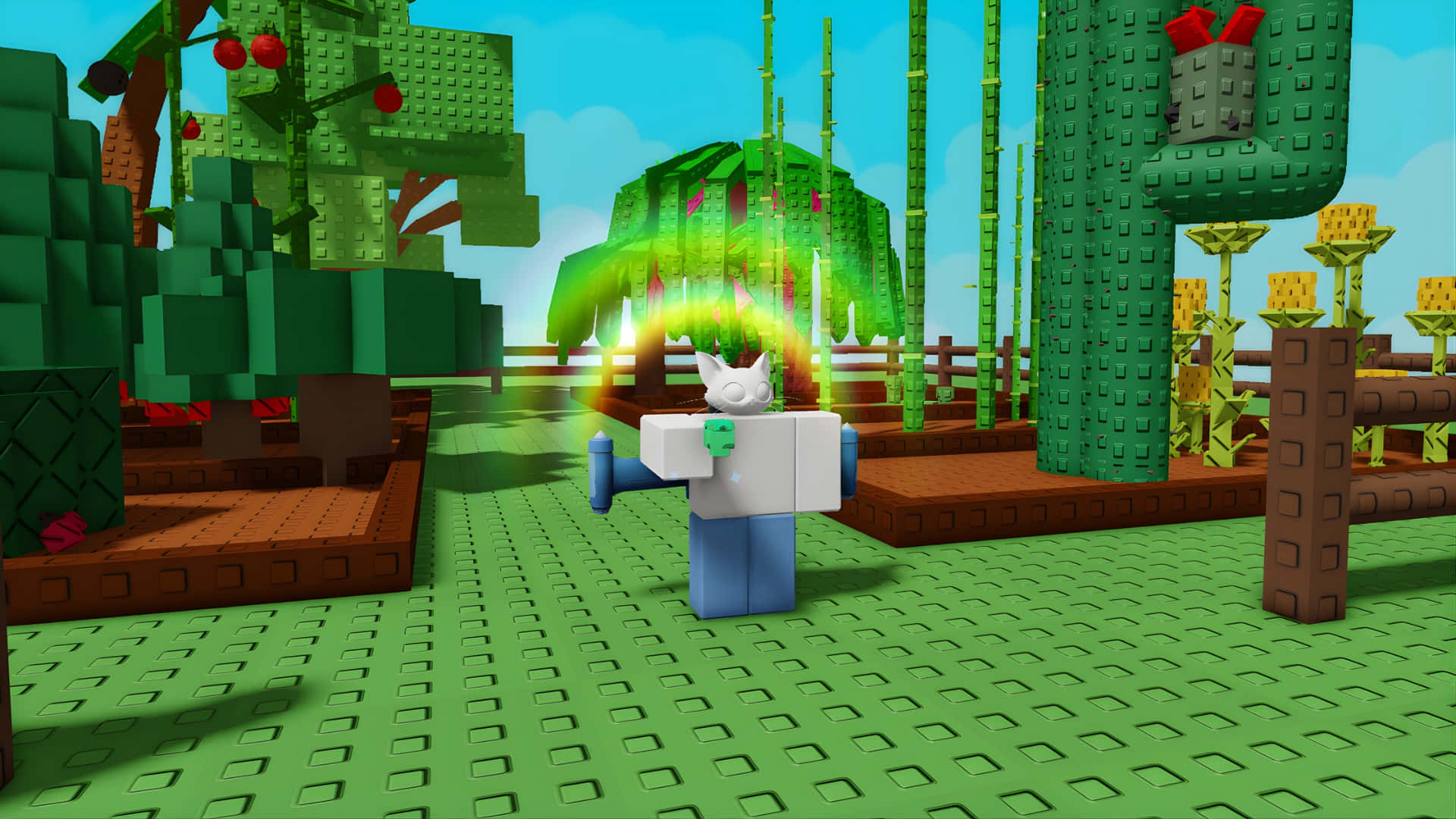 Grow A Garden, white cat avatar, blocky green jungle, Full HD Desktop Wallpaper