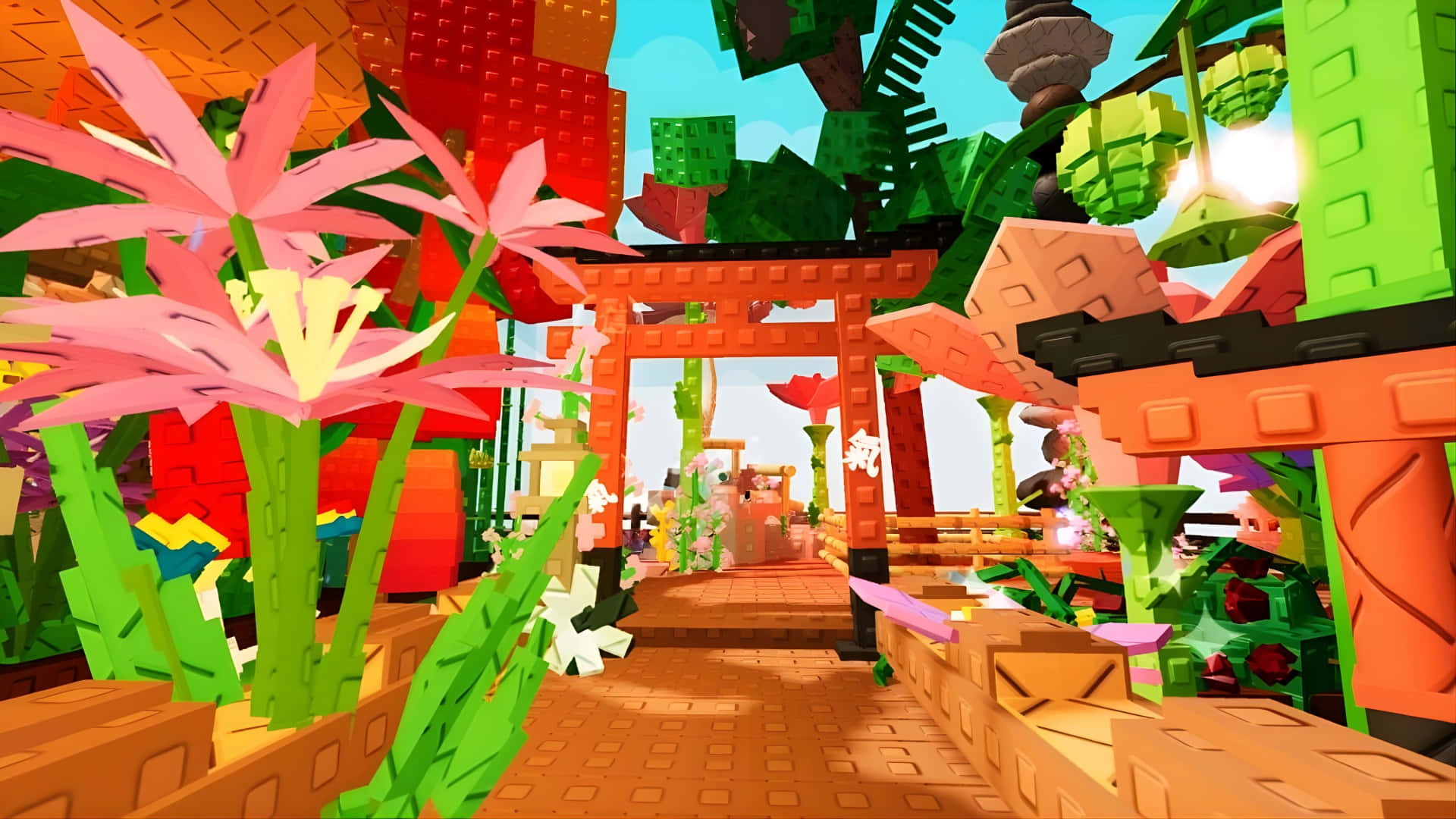 Grow A Garden, blocky jungle pathway, oversized pink flowers, Full HD Desktop Wallpaper