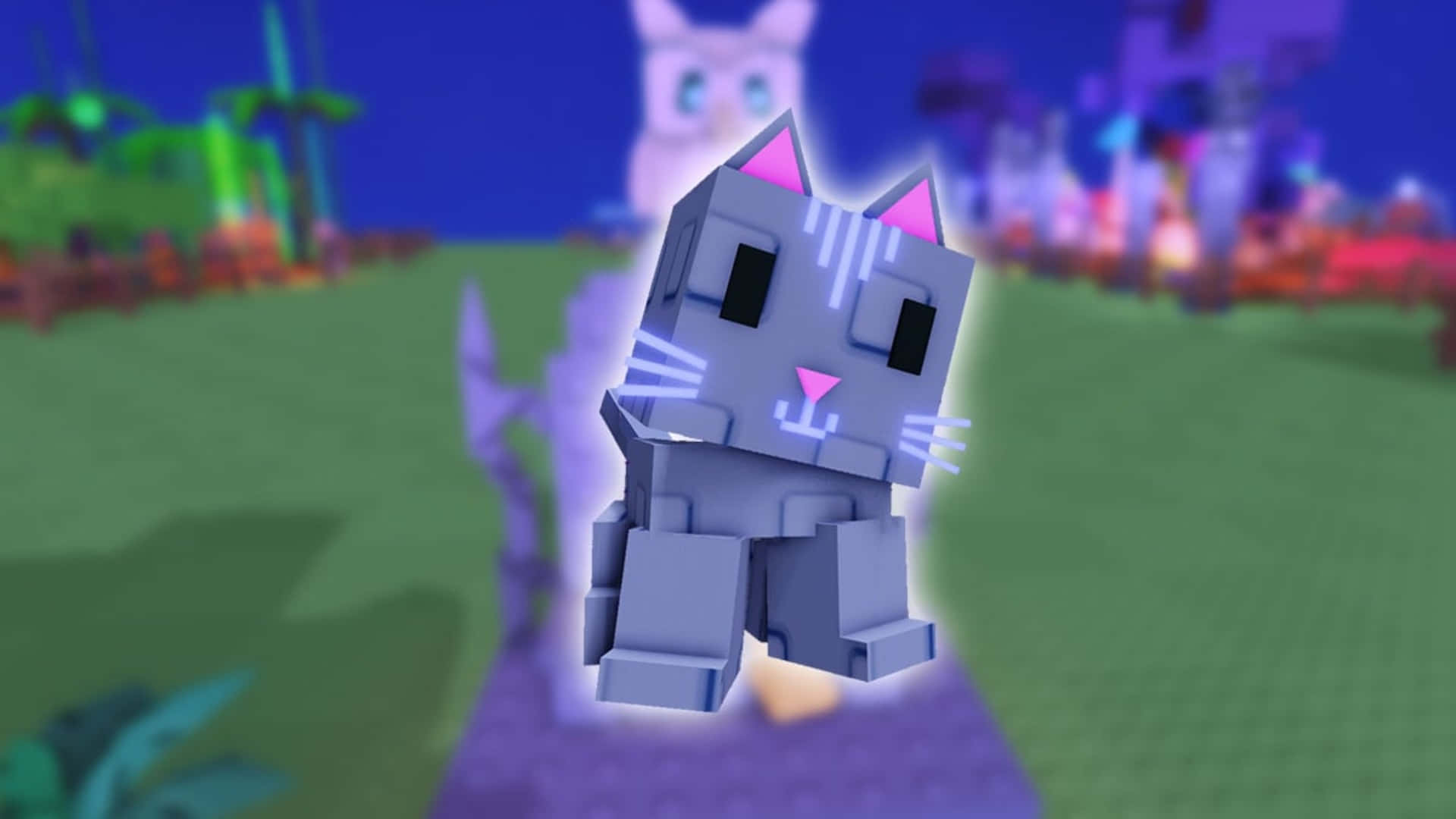 Grow A Garden, cat companion, glowing blocky gray cat, Full HD Desktop Wallpaper