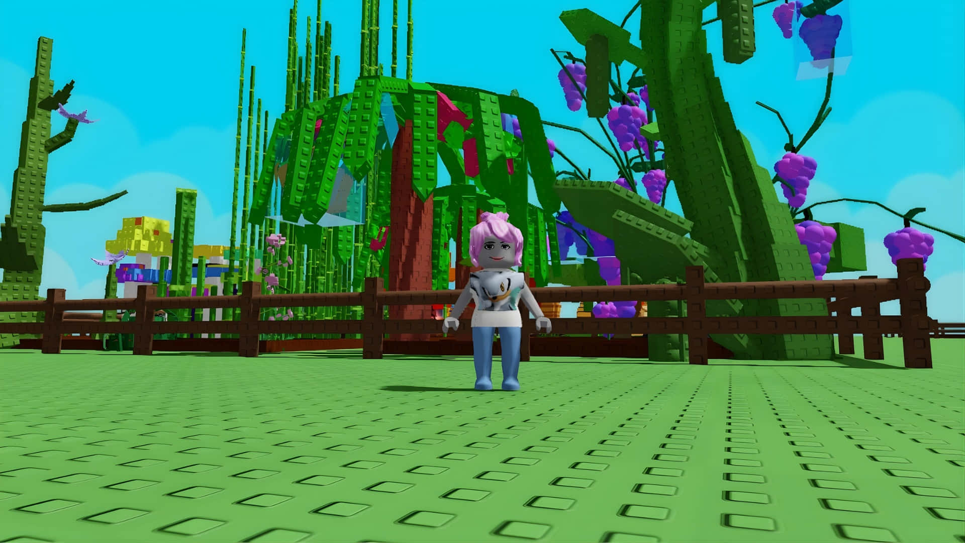 Grow A Garden, pink-haired avatar, green tiled path, Full HD Desktop Wallpaper