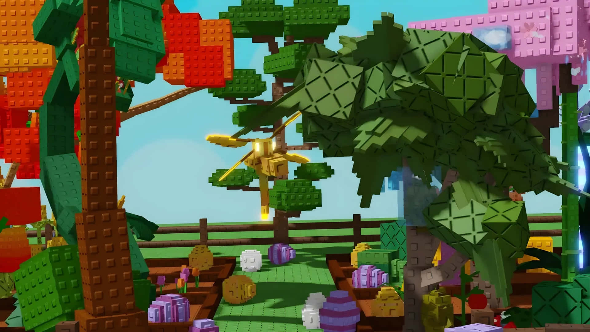 LEGO-style forest, blocky trees, colorful foliage, Full HD Desktop Wallpaper