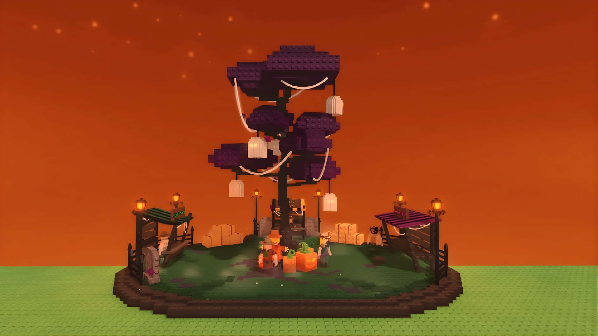 purple leaves, hanging lanterns, green platform, Full HD Desktop Wallpaper