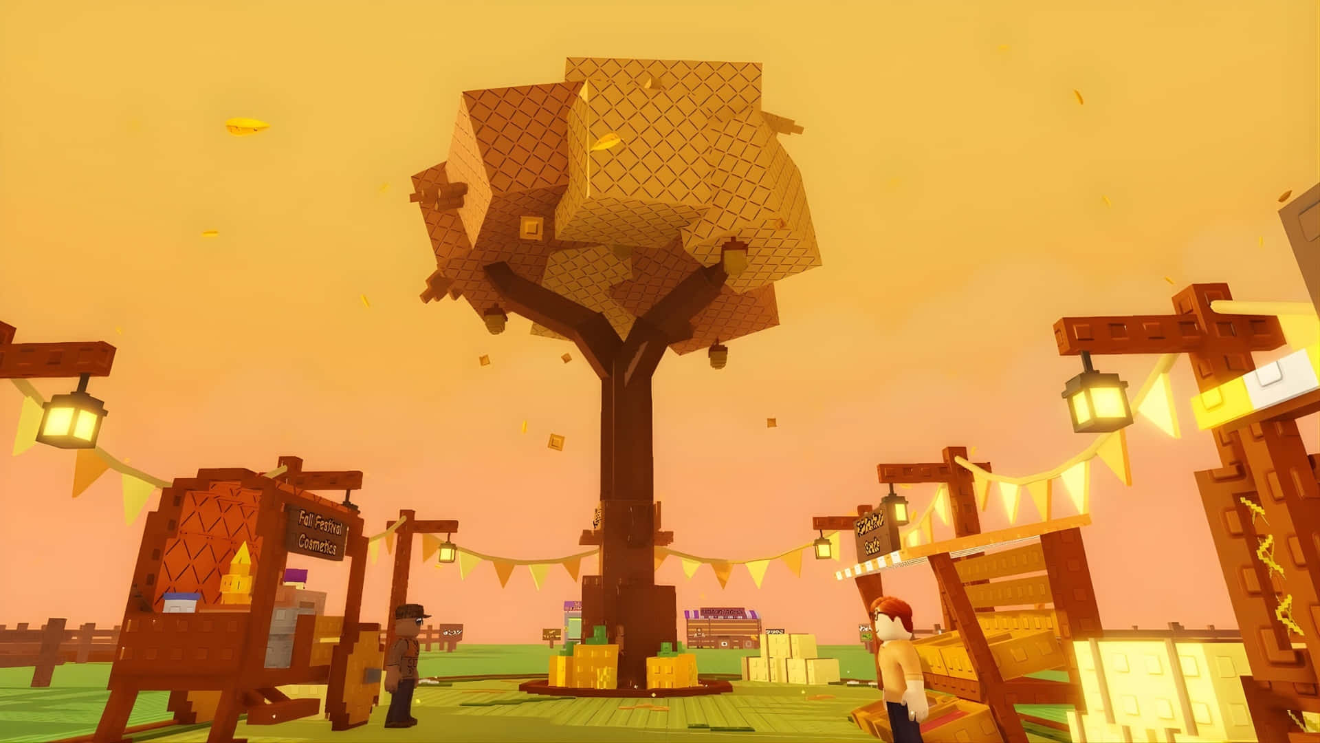 treehouse village, sunset, glowing lanterns, Full HD Desktop Wallpaper