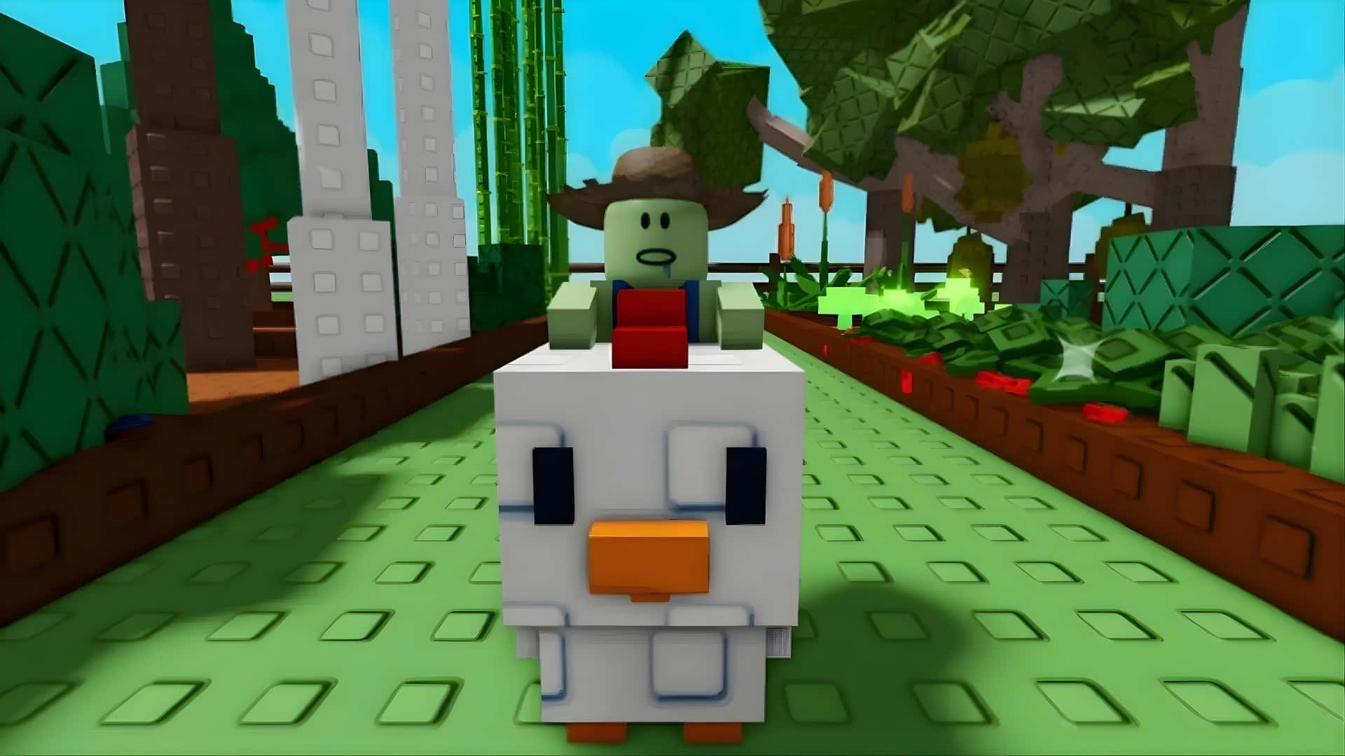 Grow A Garden, green blocky character, brown hat, Full HD Desktop Wallpaper