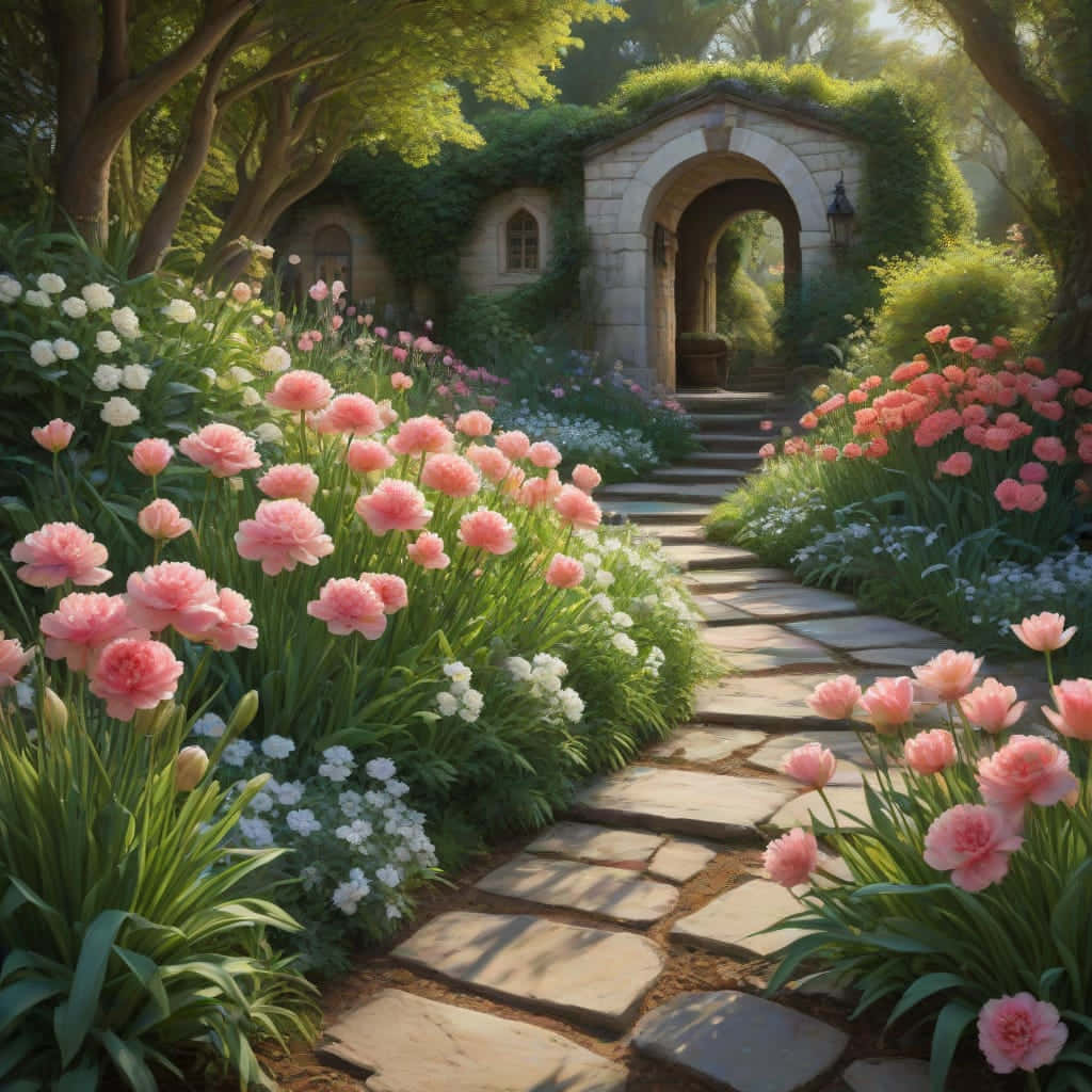 sunlit stone path, vibrant garden, pink and white flowers, SD Desktop Wallpaper