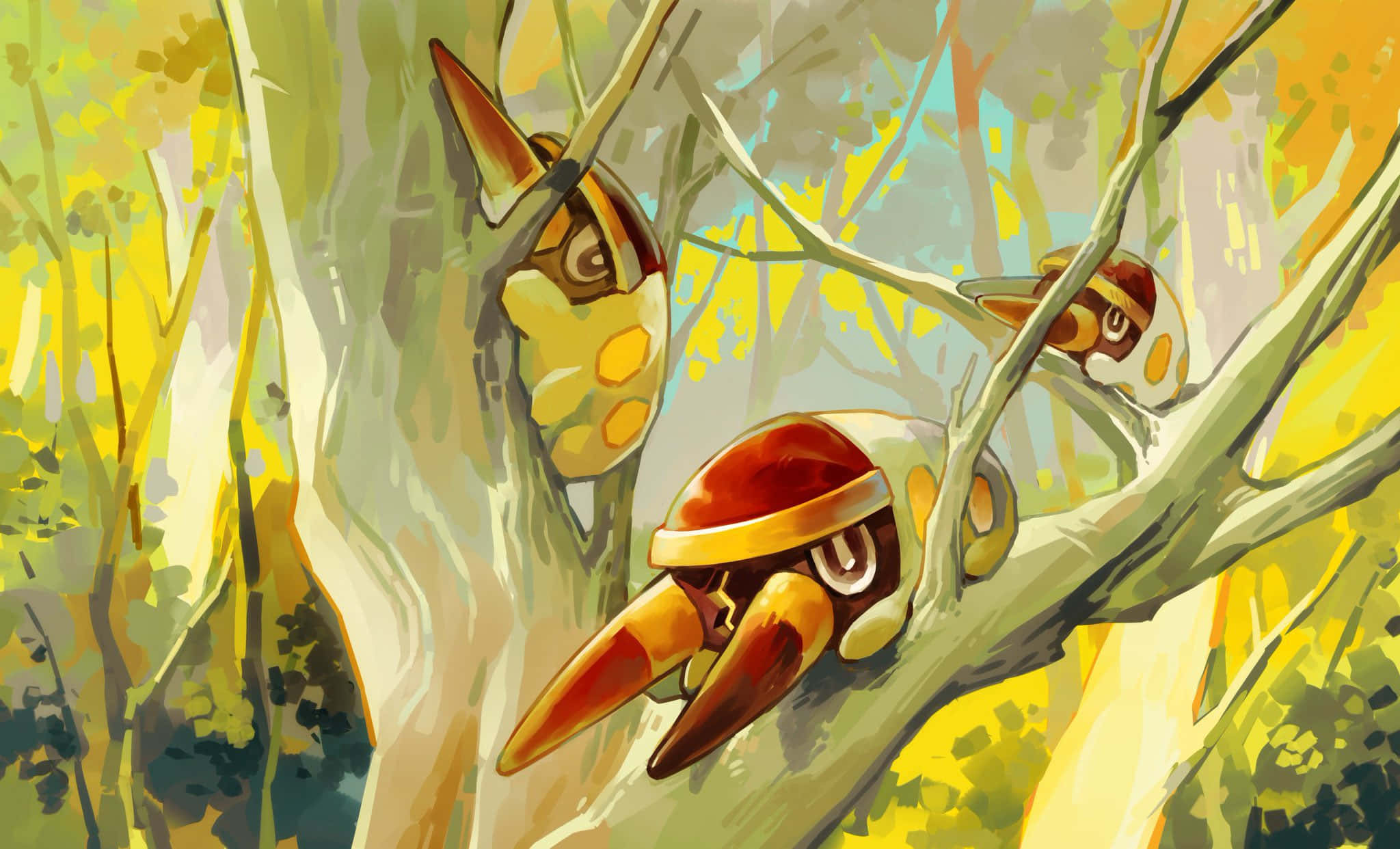 Grubbin, red hats, tree branches, Full HD Desktop Wallpaper