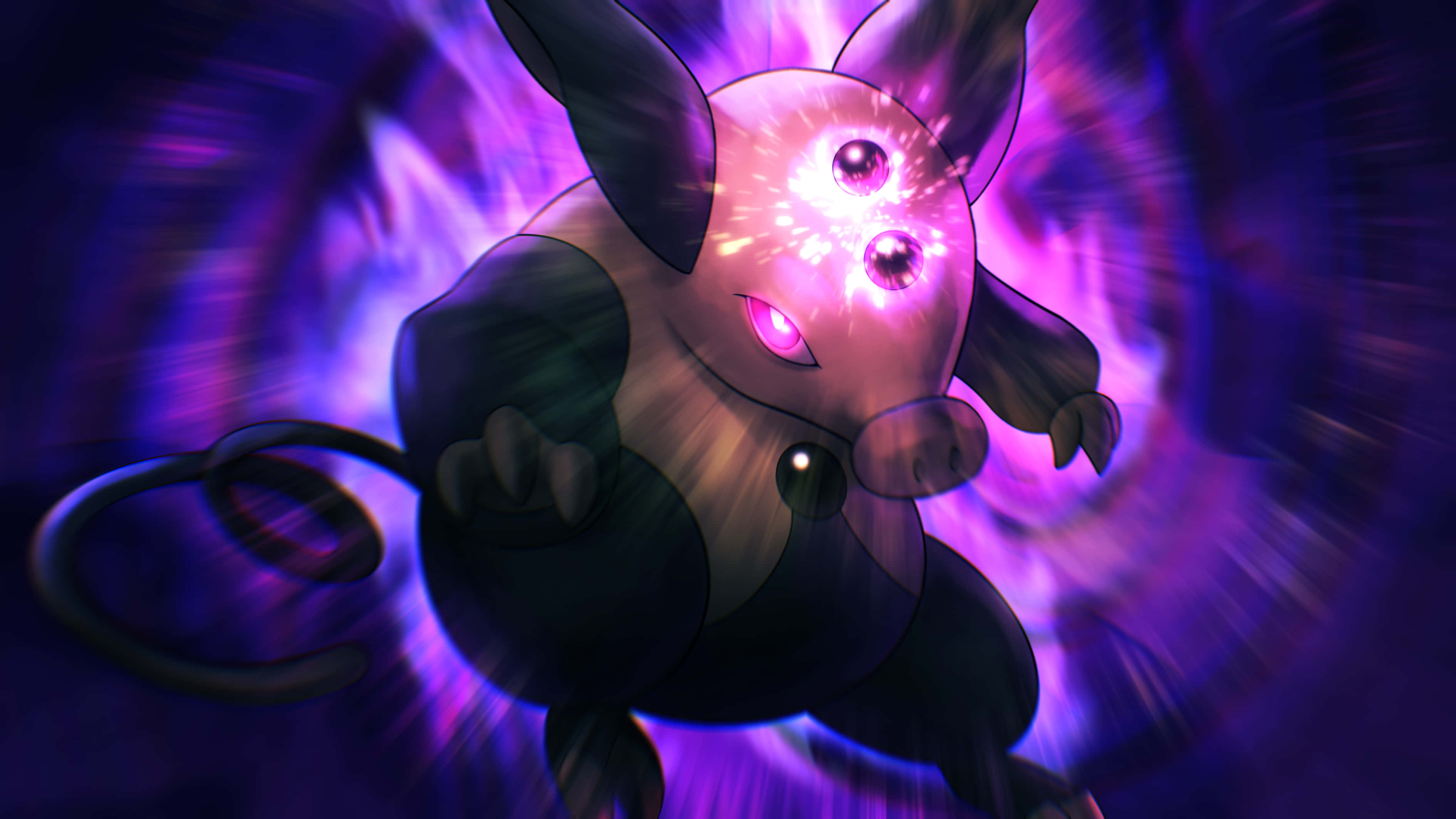 Dark Grumpig, glowing purple and black, three eyes, 2K Desktop Wallpaper
