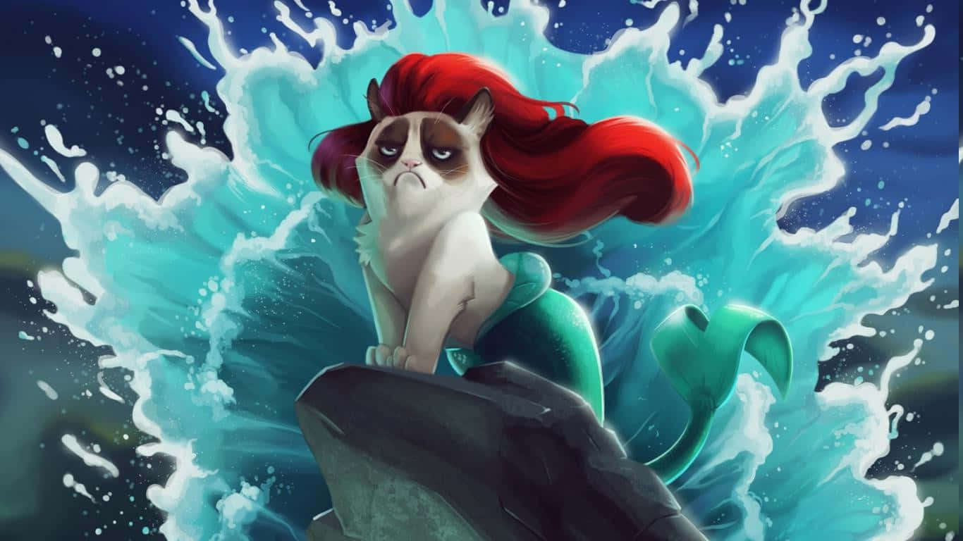 Grumpy Cat, red hair, green mermaid tail, HD Desktop Wallpaper