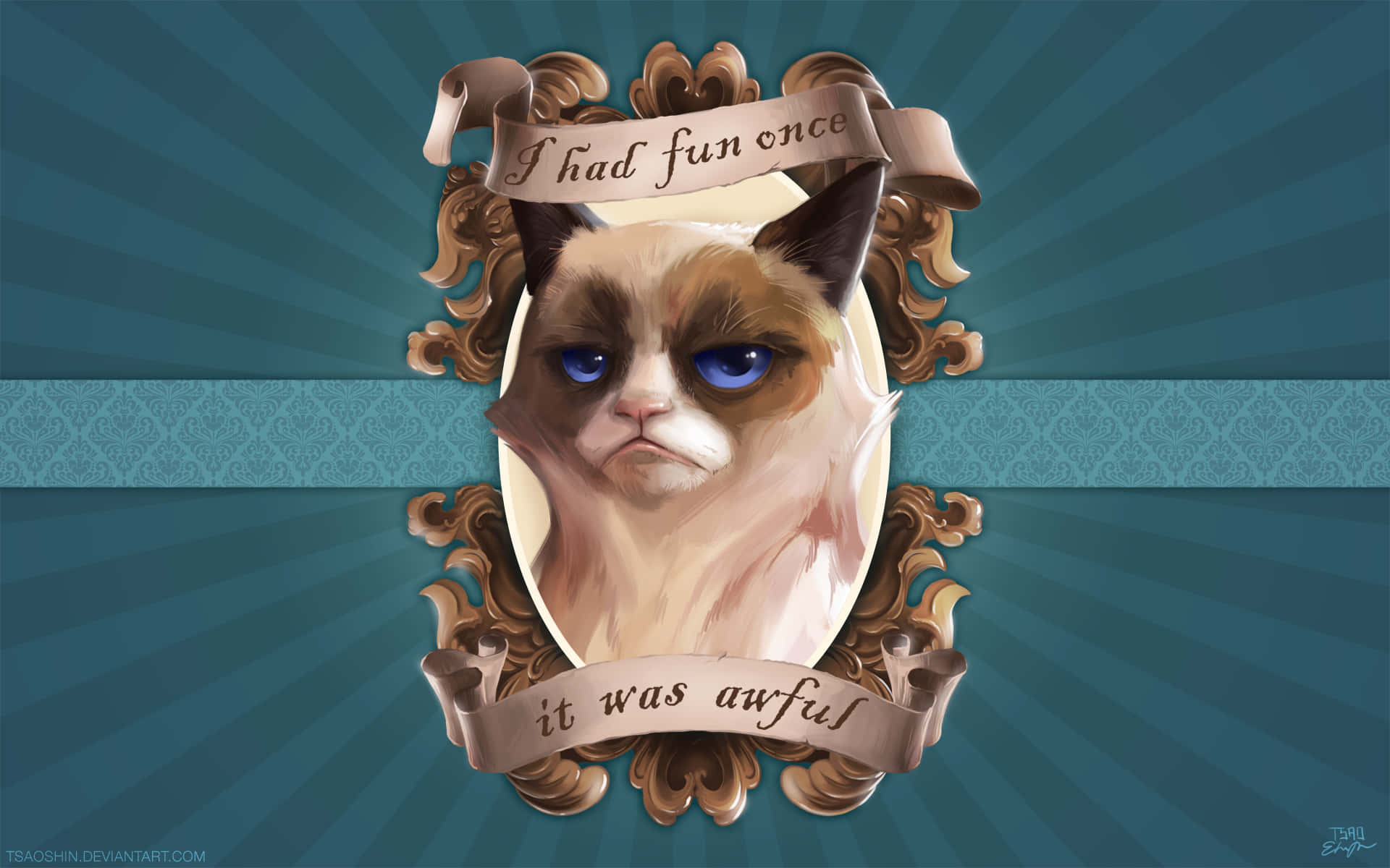 Grumpy Cat, blue eyes, ornate gold, Full HD Desktop Wallpaper