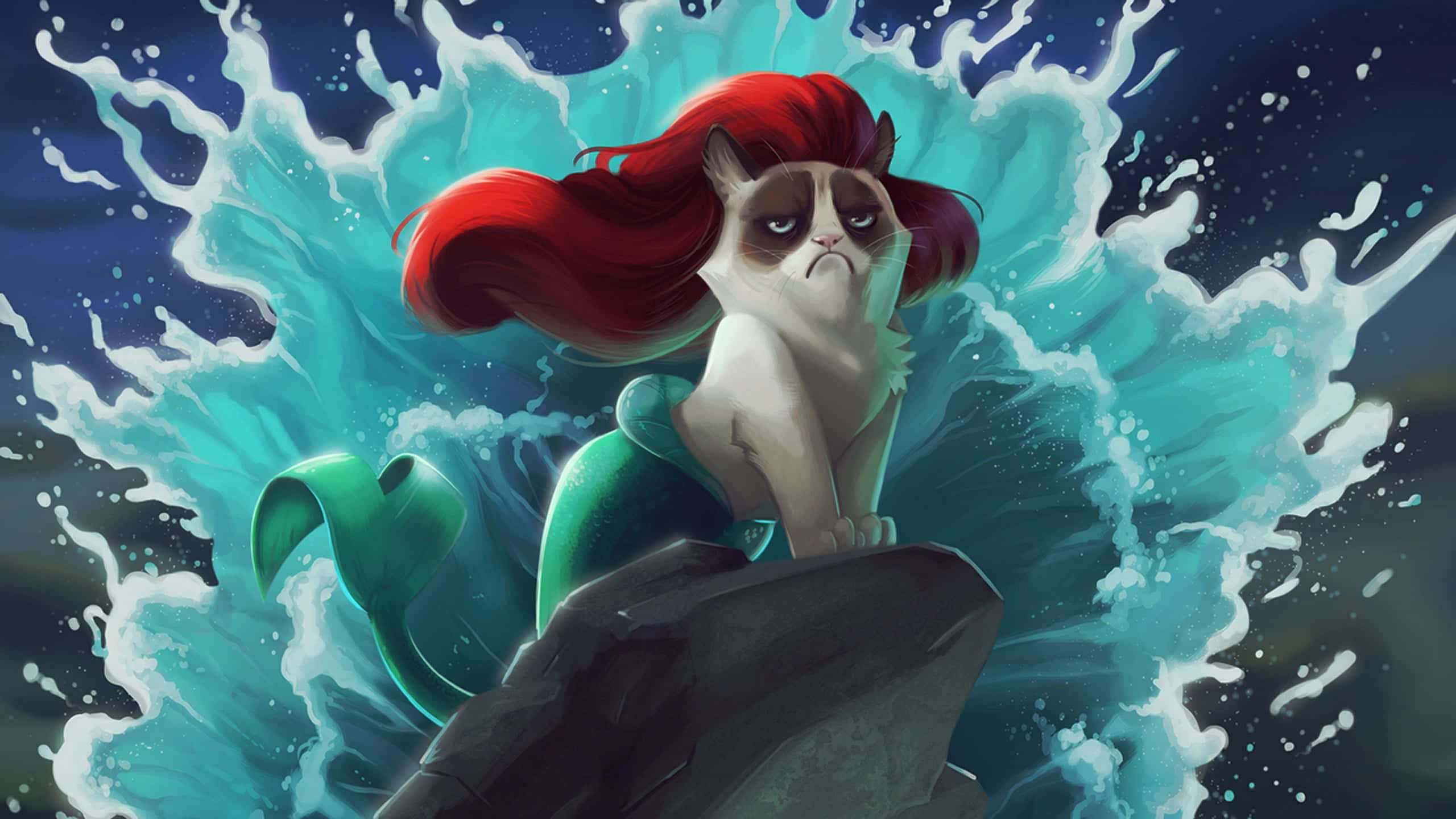 Grumpy Cat, red hair, green mermaid tail, 2K Desktop Wallpaper