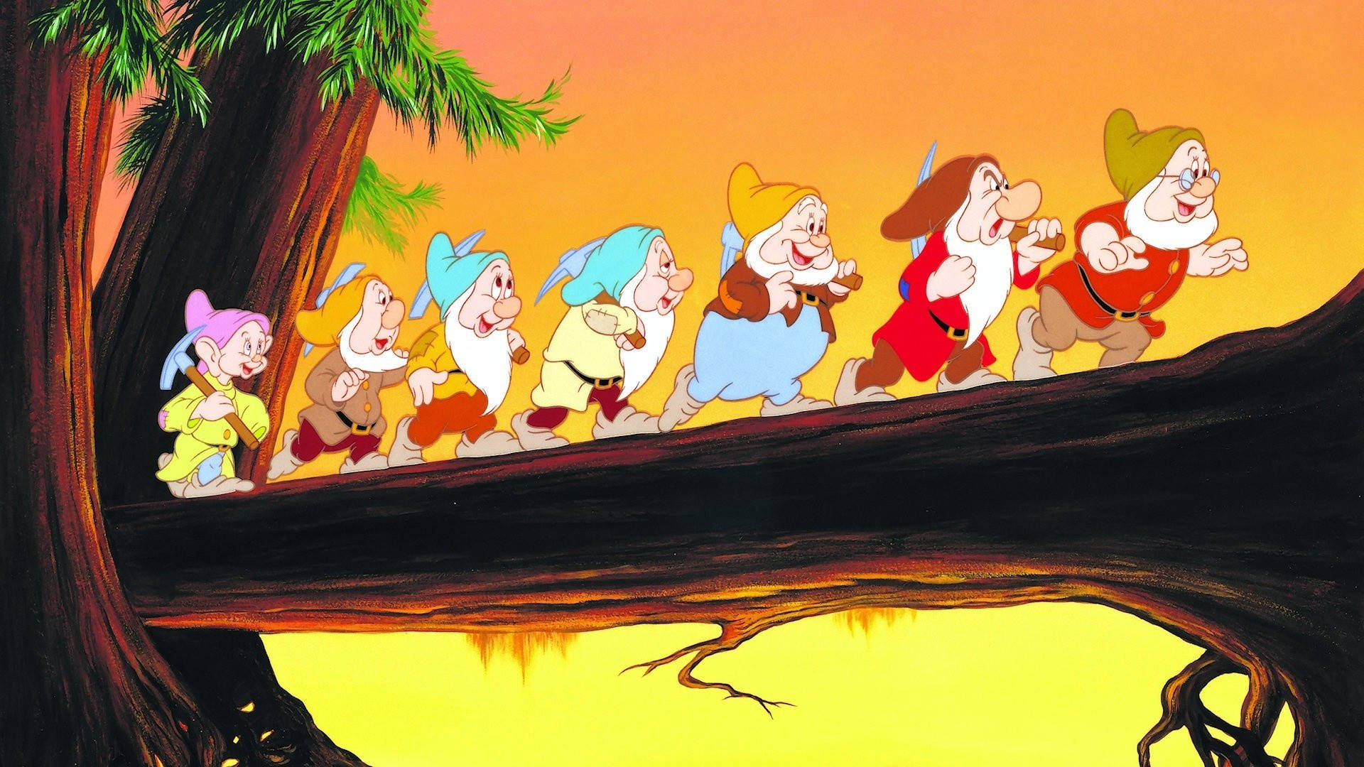 Grumpy Dwarf, Snow White, glowing yellow river, Full HD Desktop Wallpaper