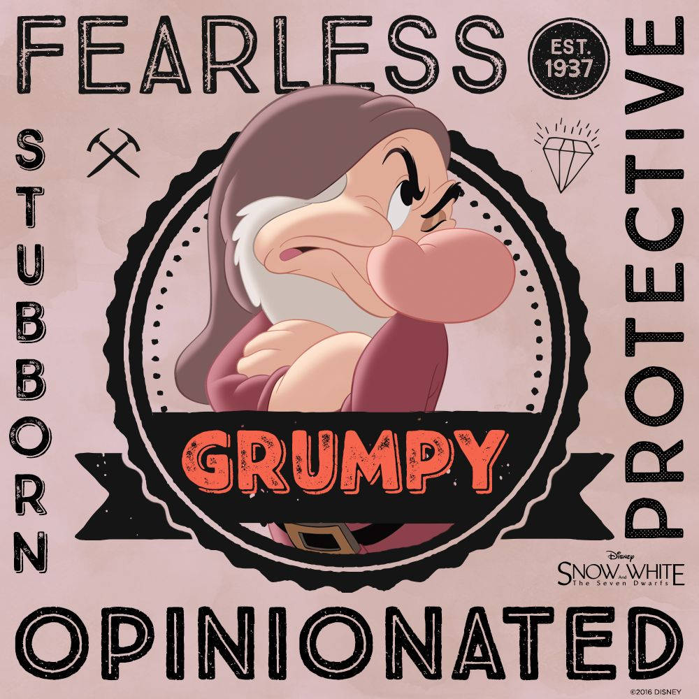Grumpy, Snow White, vintage-style illustrated badge, SD Desktop Wallpaper