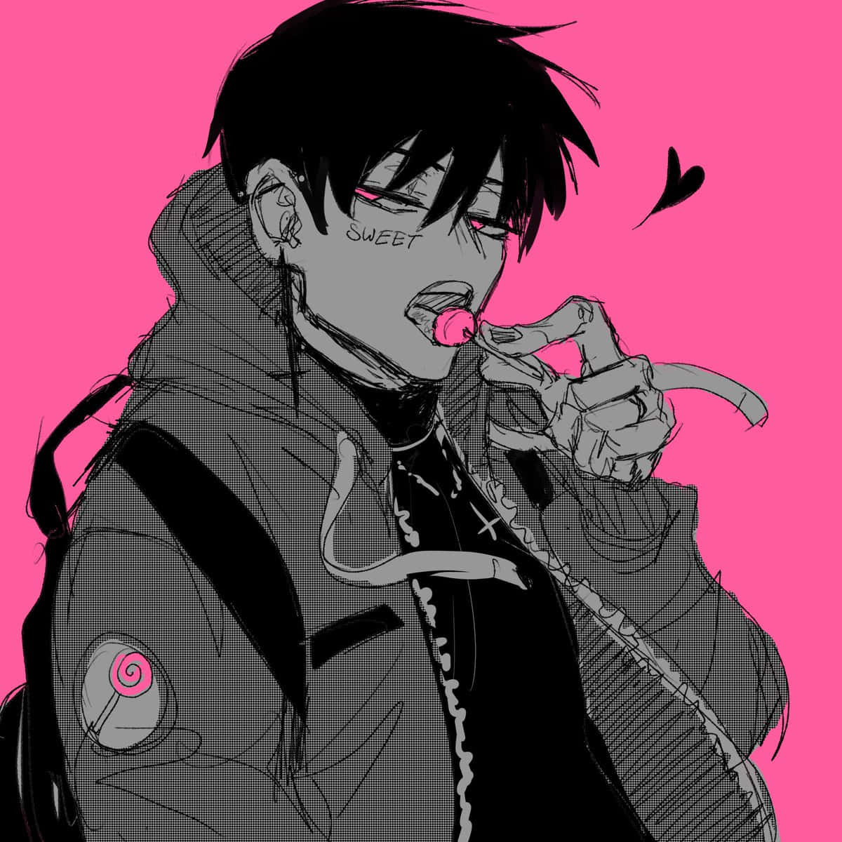 Grunge Anime Boy, black hair, pink eyes, SD Desktop Wallpaper