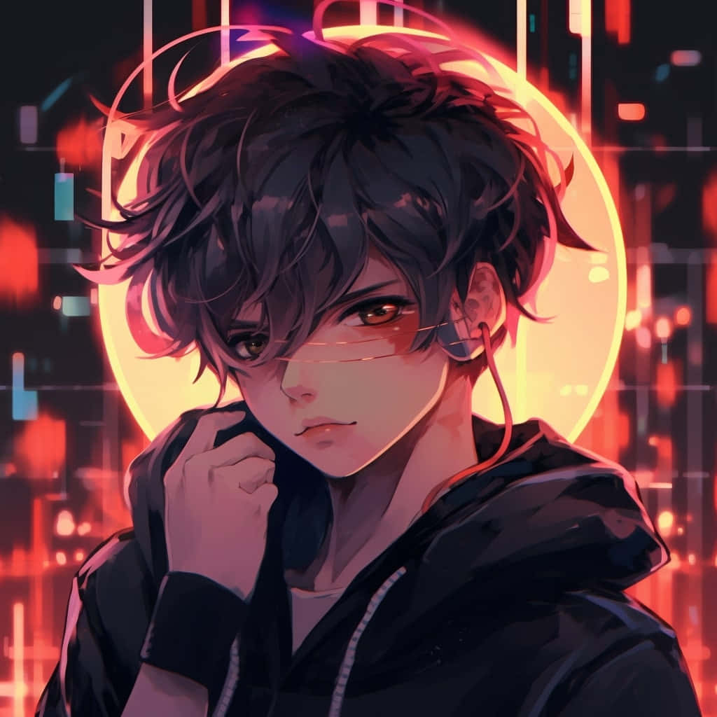Grunge Aesthetic Anime Boy, neon-lit cyberpunk cityscape, glowing red and orange digital effects, SD Desktop Wallpaper