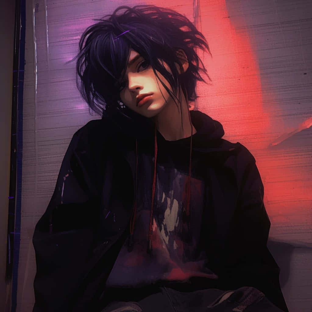 Grunge Aesthetic Anime Boy Profile, red and purple neon light, black hoodie, SD Desktop Wallpaper