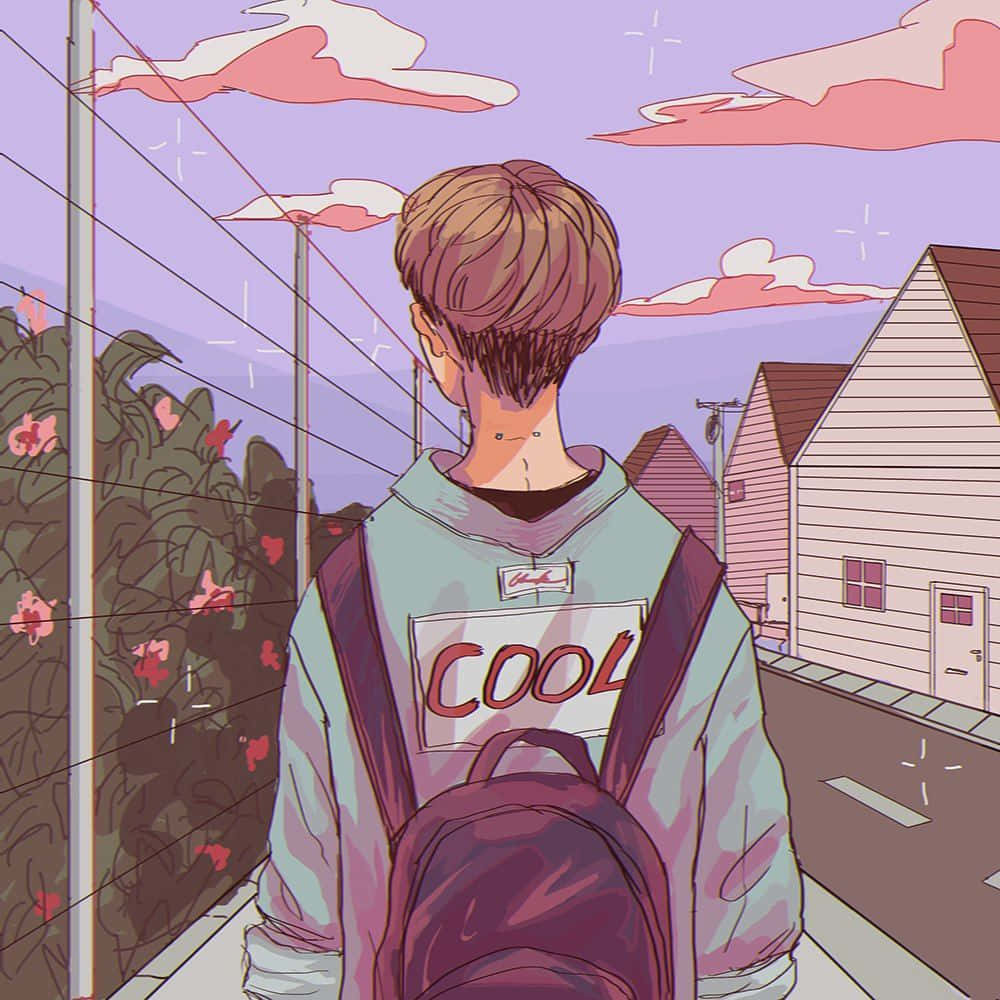 purple backpack, suburban sidewalk, pastel purple sky, SD Desktop Wallpaper