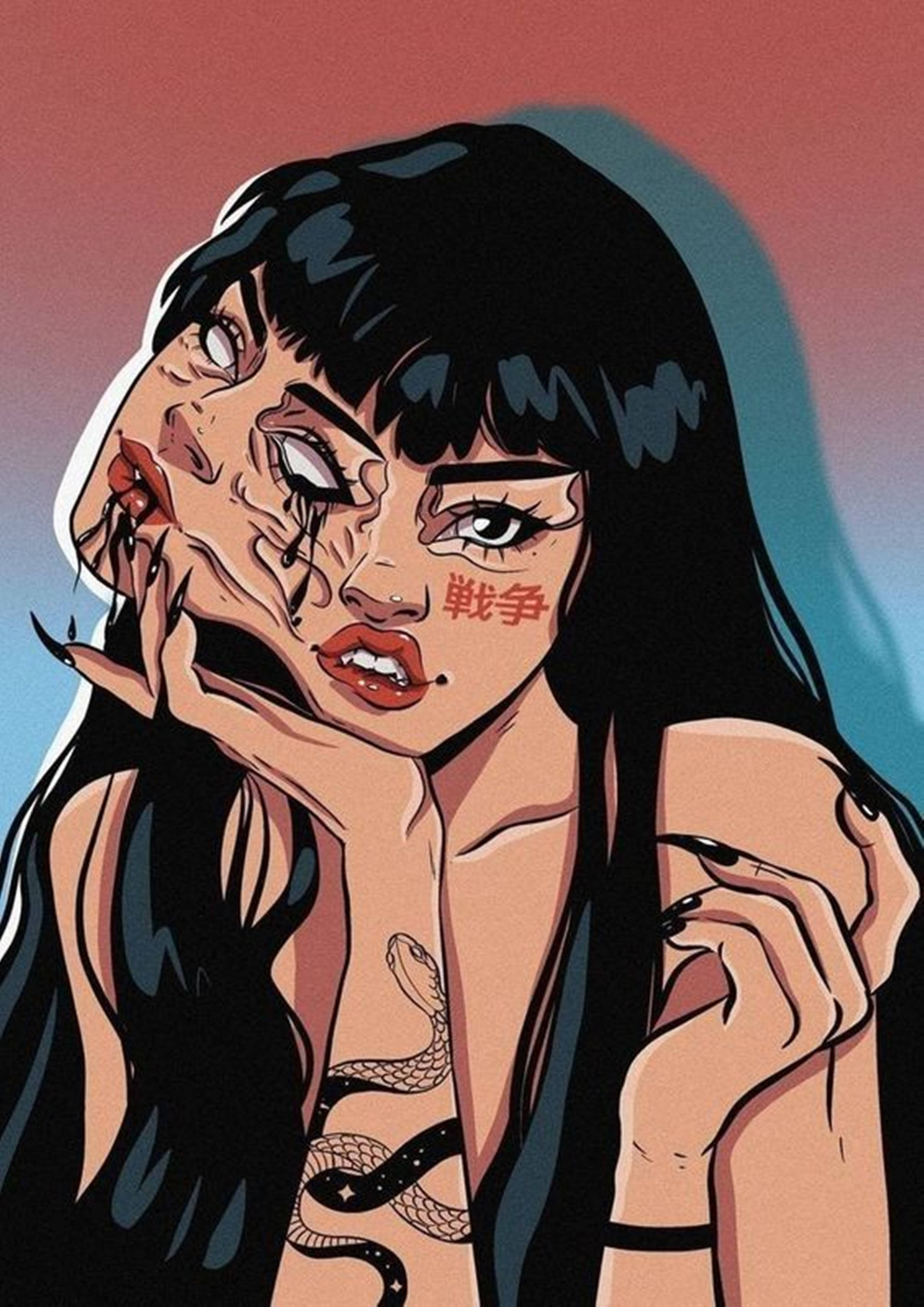 anime woman, black hair, snake tattoo, 2K Phone Wallpaper