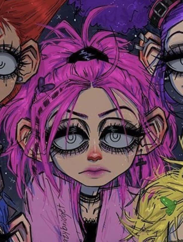 Grunge Cartoon, vibrant pink hair, oversized eyes, SD Phone Wallpaper