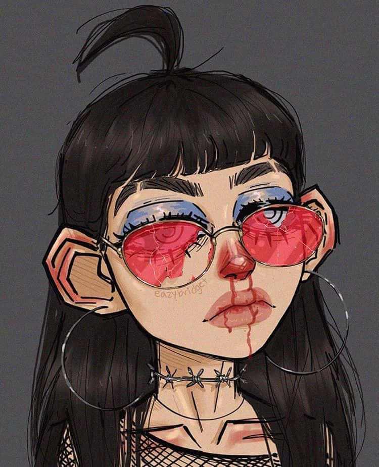 Grunge Cartoon, black hair, red cracked sunglasses, SD Phone Wallpaper