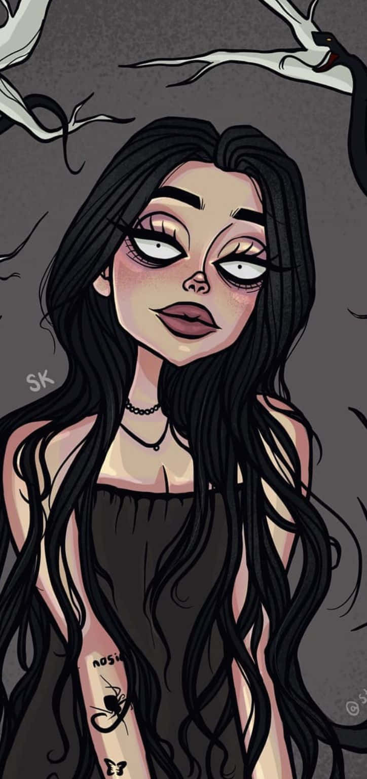 Grunge Cartoon, long black hair, tattoos, HD Phone Wallpaper