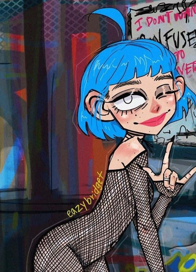 Grunge Cartoon, anime girl, bright blue hair, SD Phone Wallpaper