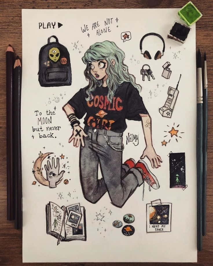 Grunge Cartoon, cosmic girl, teal hair, SD Phone Wallpaper