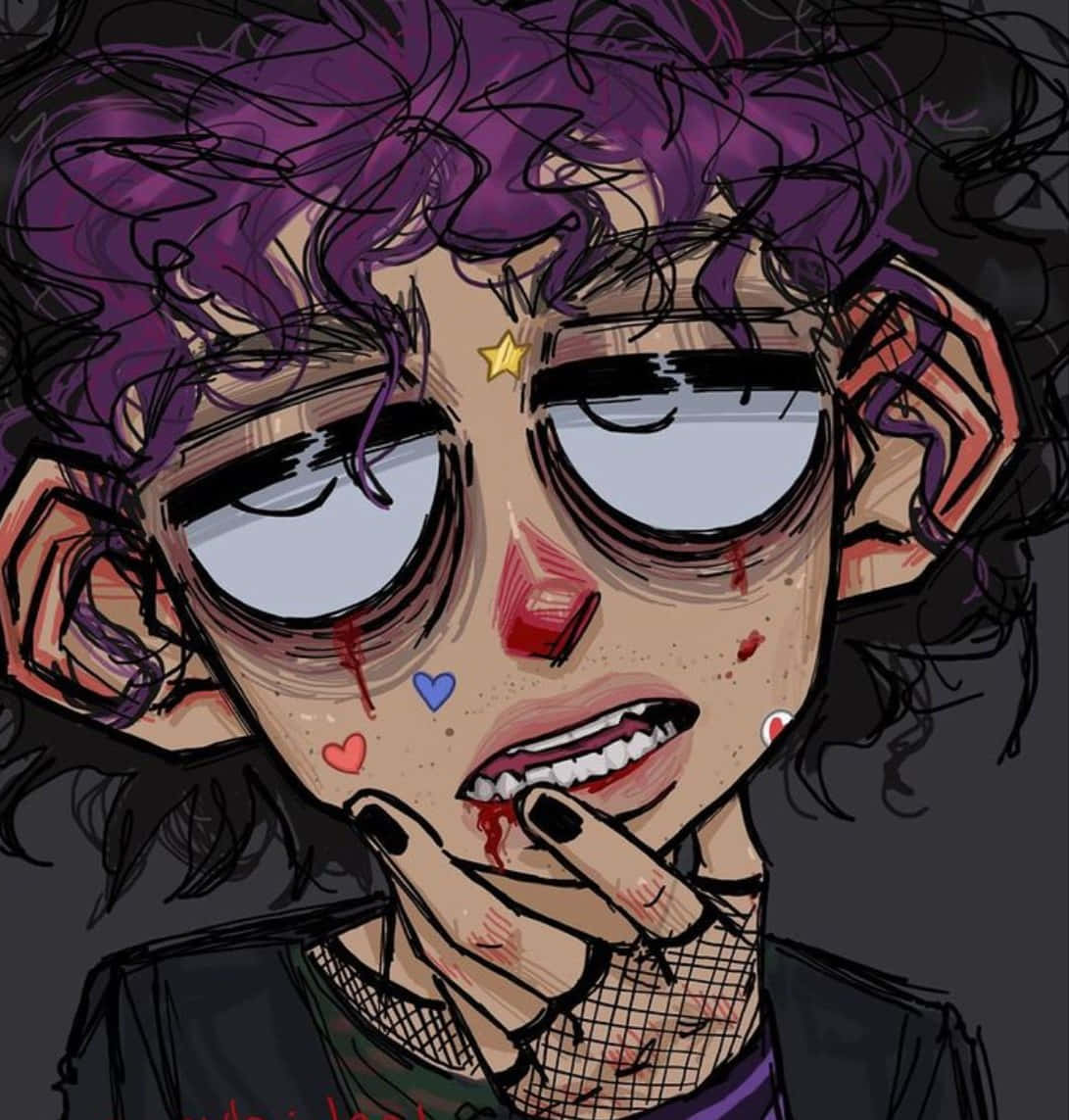 Grunge Cartoon, purple hair, bloodied face, SD Phone Wallpaper