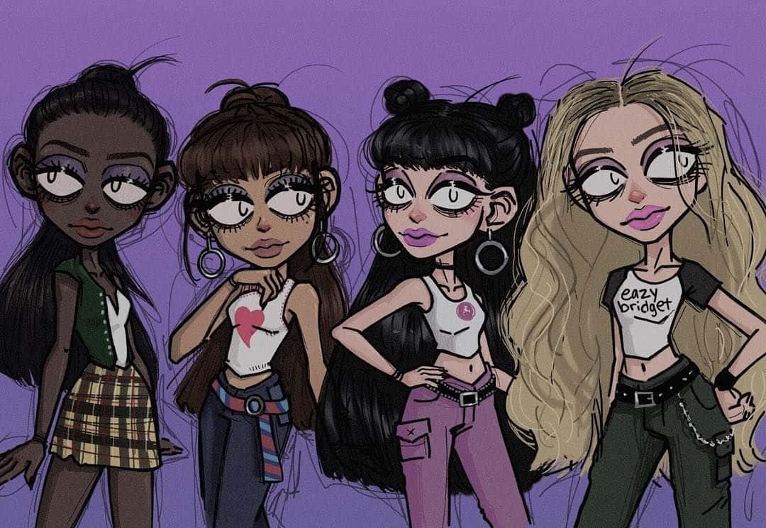 Grunge Cartoon, purple background, stylized cartoon girls, SD Desktop Wallpaper