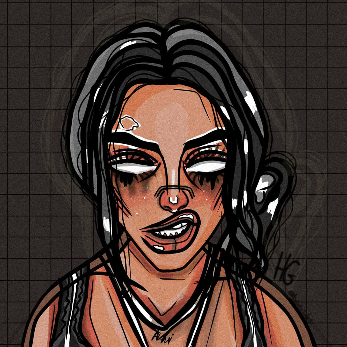 Grunge Cartoon, white eyes, dark hair, SD Desktop Wallpaper