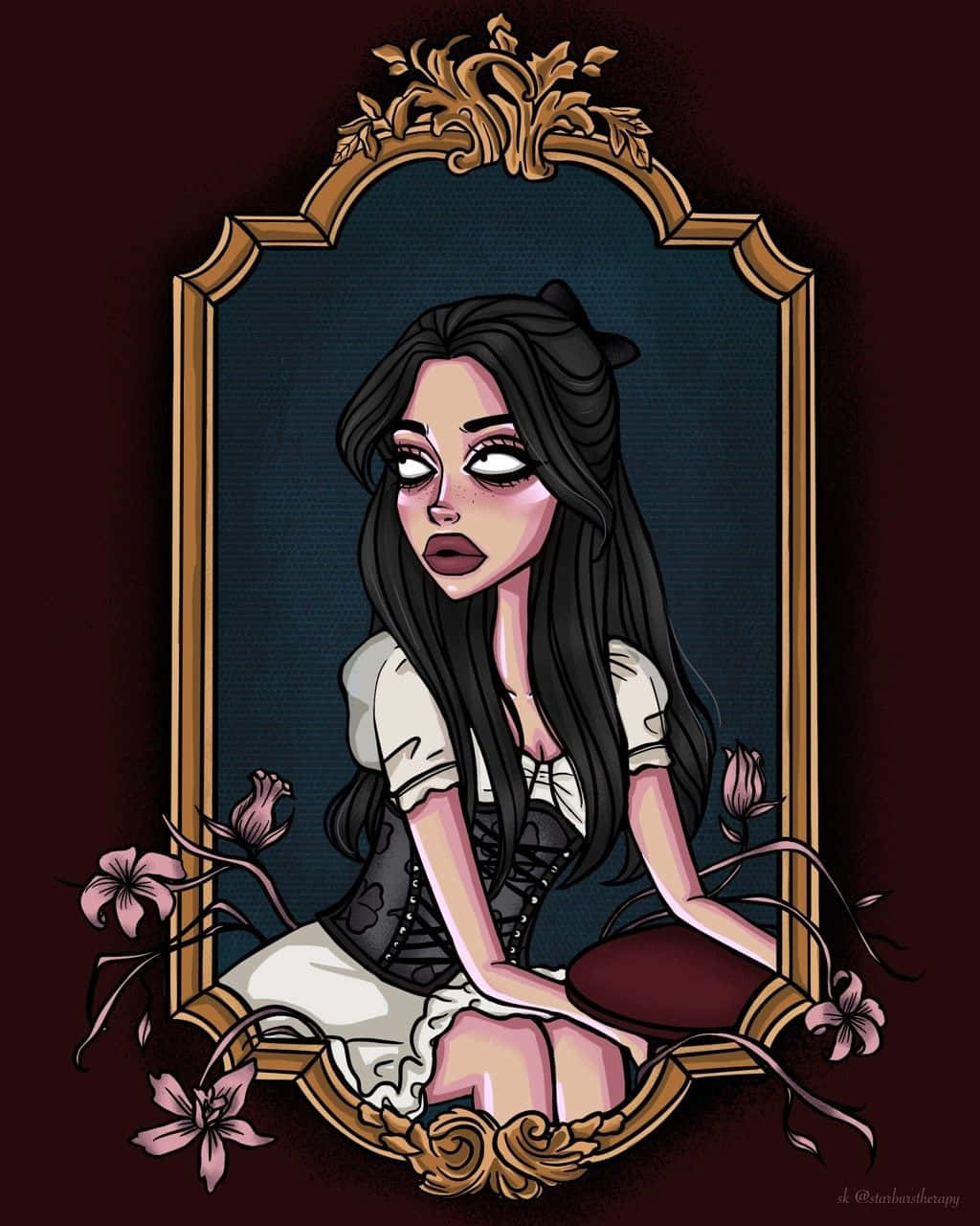 gothic anime girl, long black hair, ornate golden mirror frame, HD Phone Wallpaper