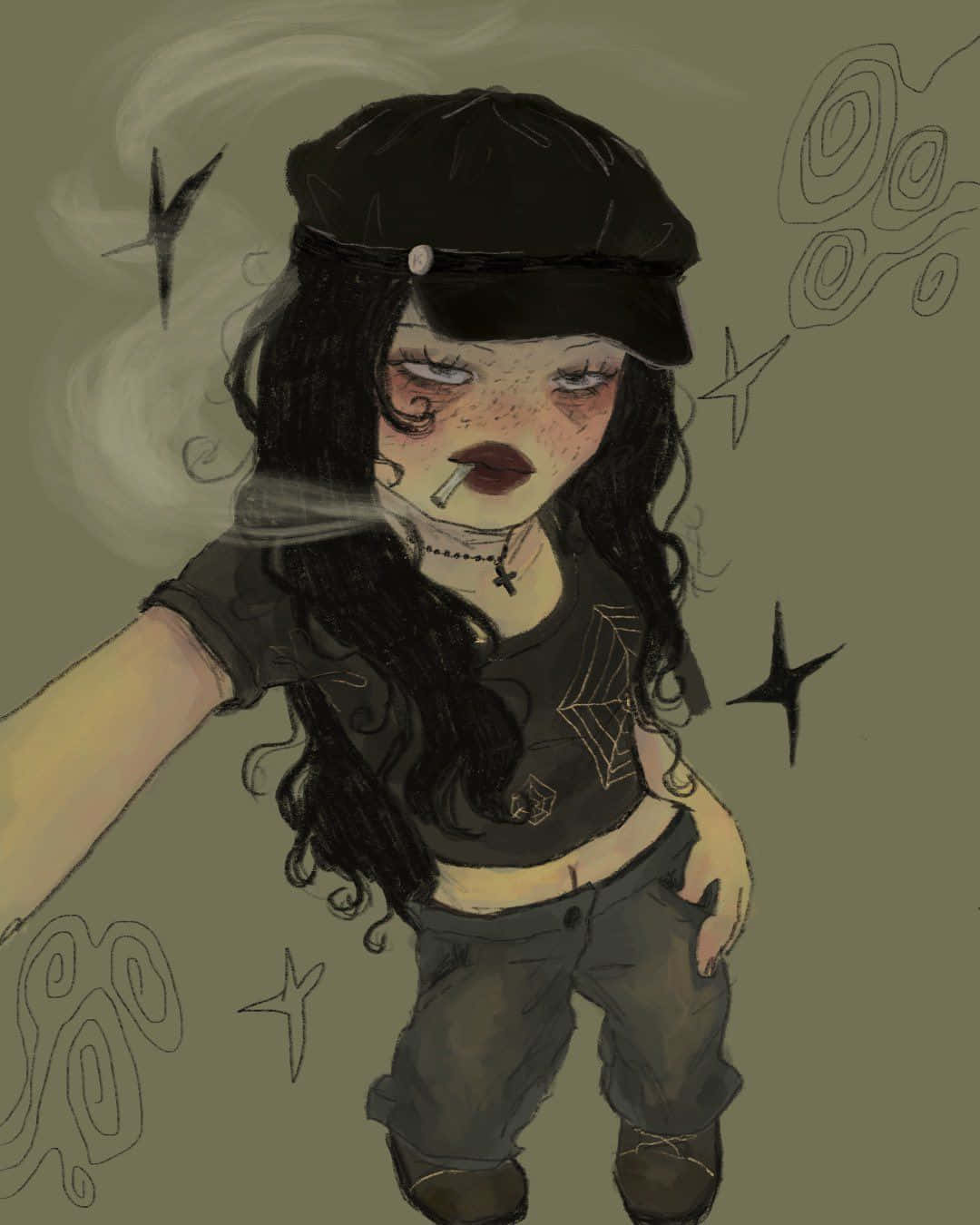 Grunge Cartoon, black cap, long dark hair, HD Phone Wallpaper