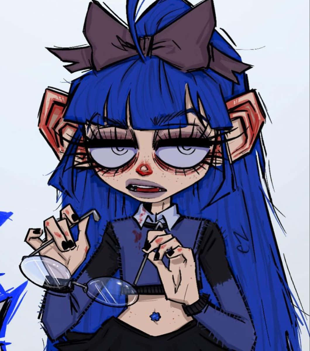 Grunge Cartoon, blue-haired anime girl, red ears, SD Phone Wallpaper