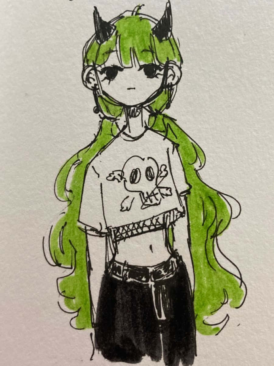 Grunge Cartoon, green horns, skull tee, SD Phone Wallpaper