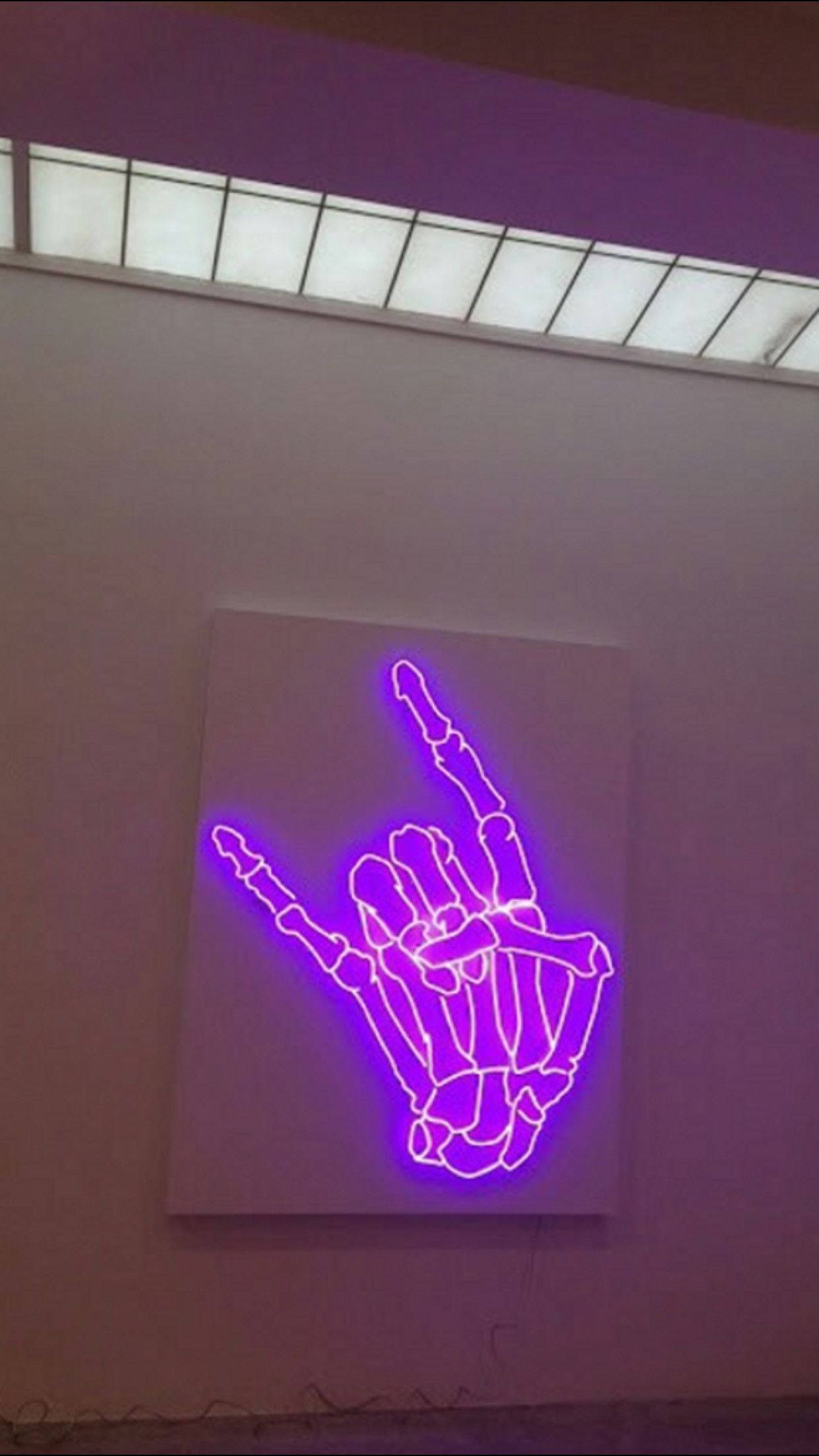 glowing purple neon skeleton hand, rock gesture, white wall, Full HD Phone Wallpaper