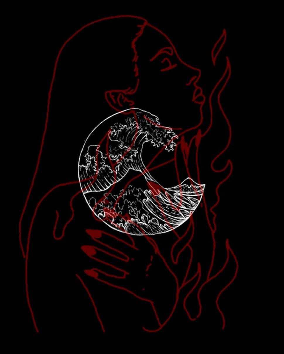 Grunge Emo Aesthetic, red-lined silhouette, white circular wave, SD Phone Wallpaper