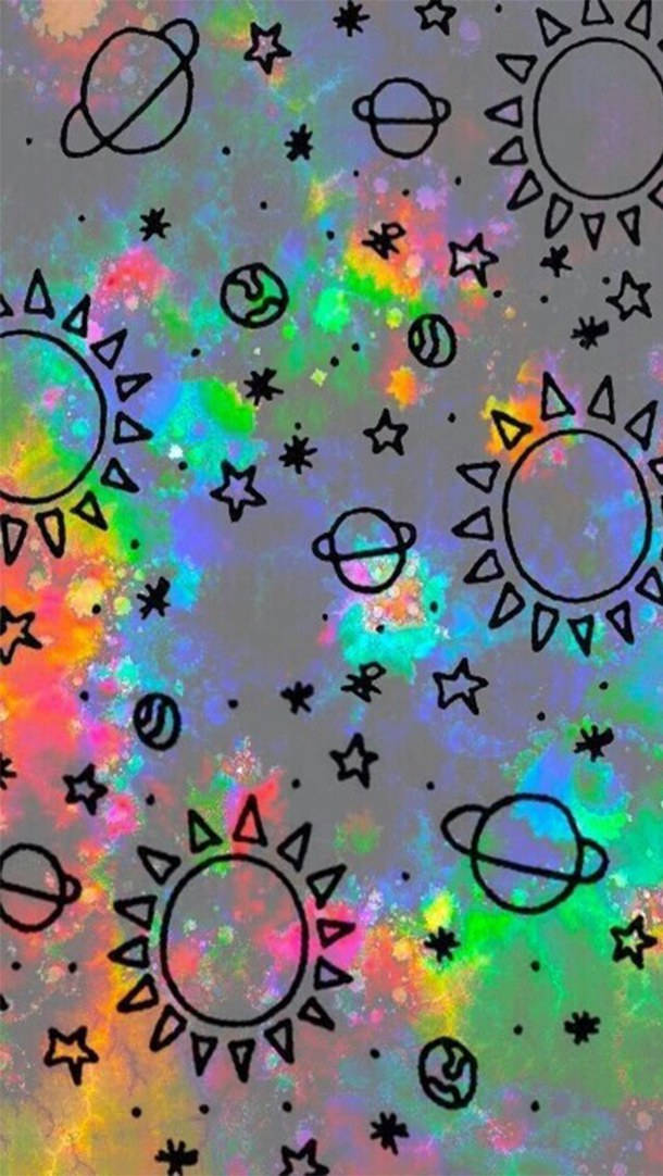 Grunge Emo Aesthetic, colorful planets, holographic space scene, SD Phone Wallpaper