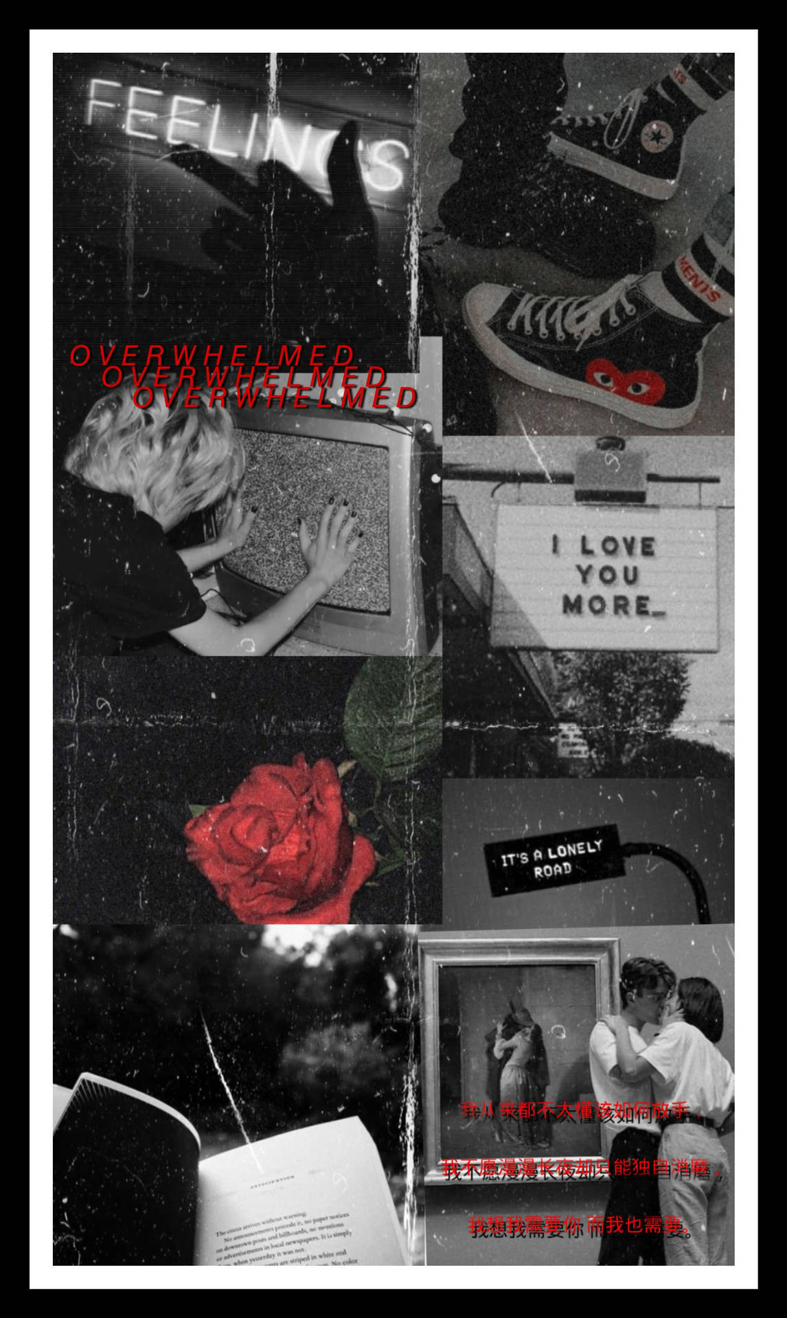 Grunge Emo Aesthetic, red rose, black and white photos, Full HD Phone Wallpaper