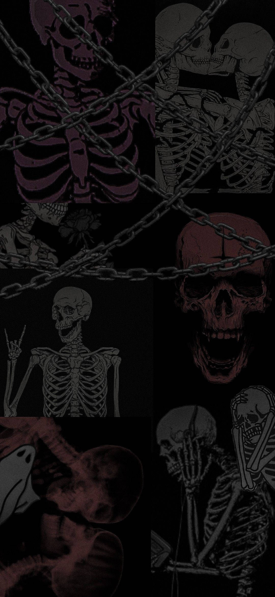 black background, stylized skeletons, skulls, Full HD Phone Wallpaper