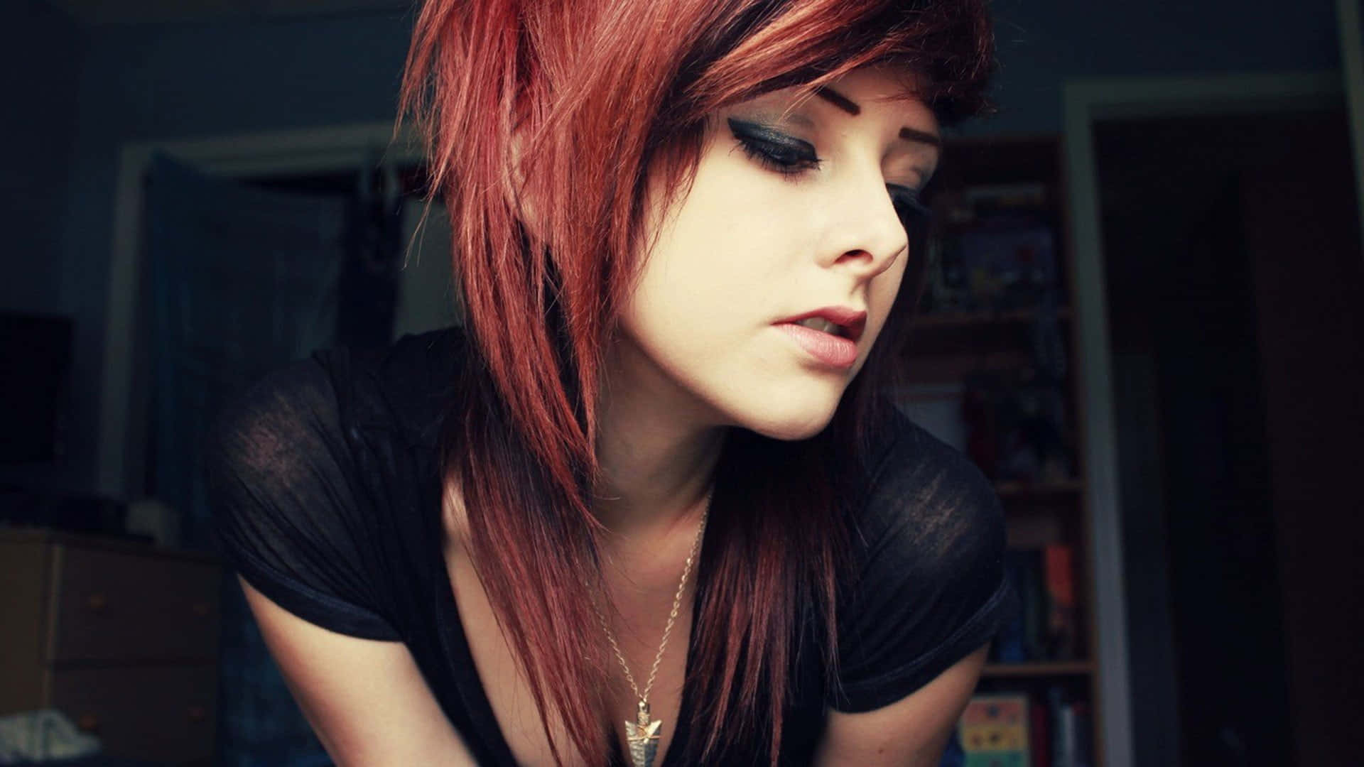 red haired emo girl, vibrant red hair, dark makeup, Full HD Desktop Wallpaper