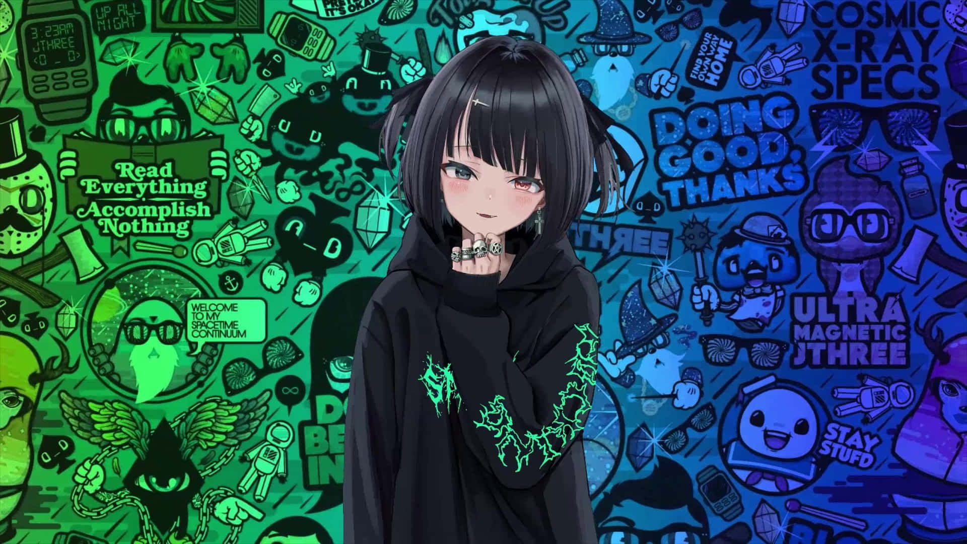 emo anime genre, anime girl, black hoodie, Full HD Desktop Wallpaper