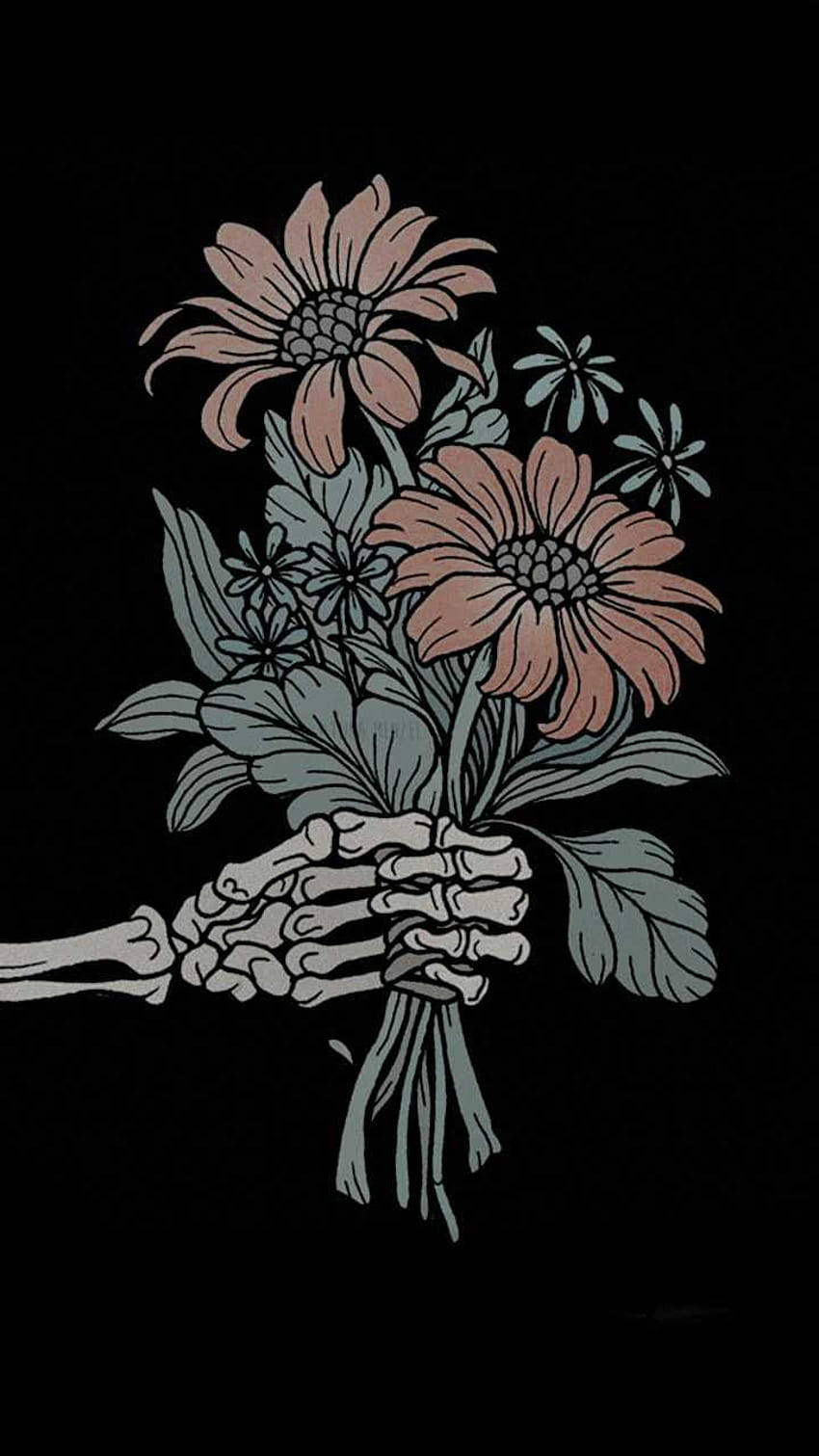 skeletal hand, bouquet of pink and blue flowers, stark black background, HD Phone Wallpaper