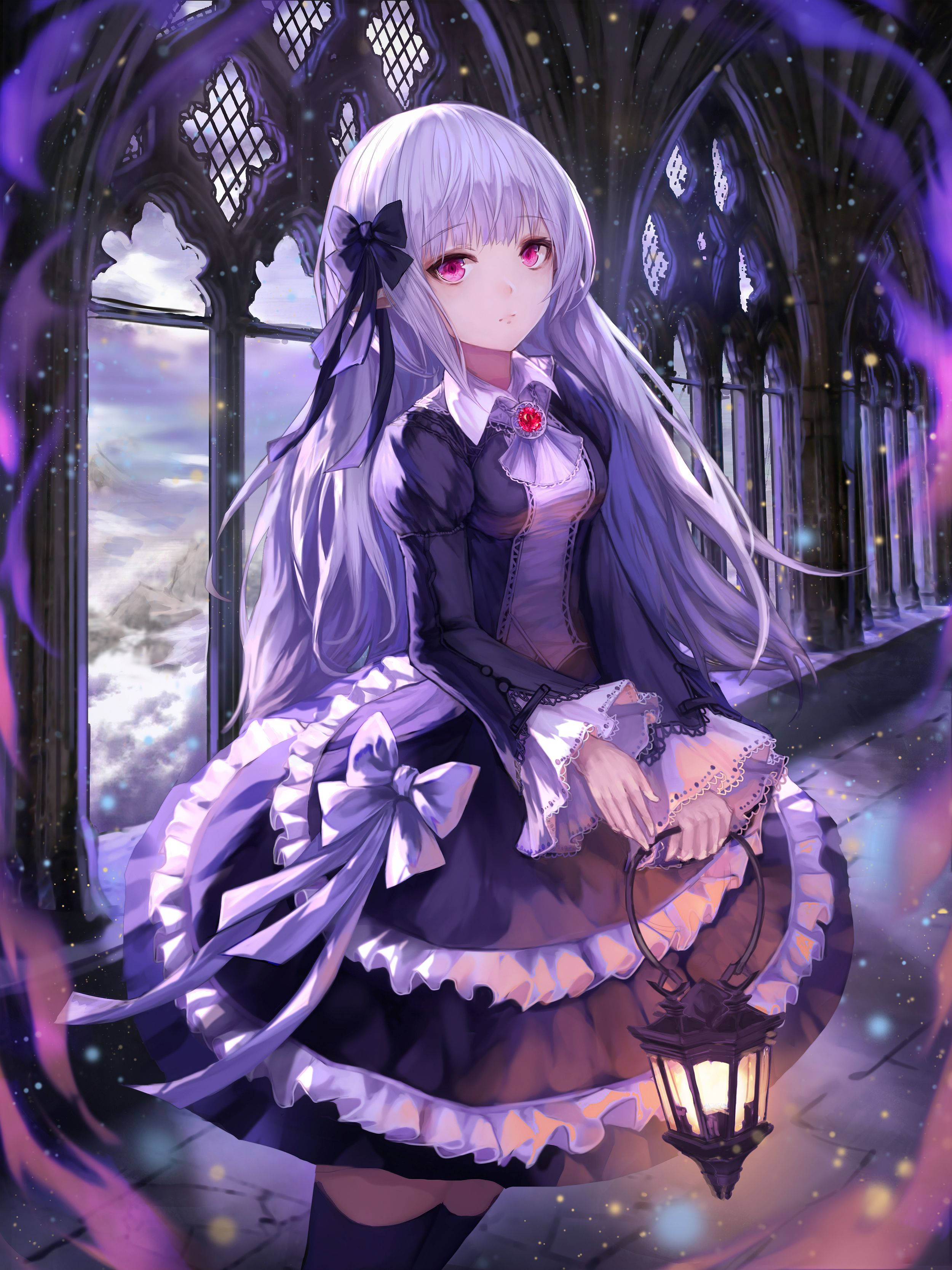 pastel goth anime girl, purple frilly dress, lantern, 2K Phone Wallpaper